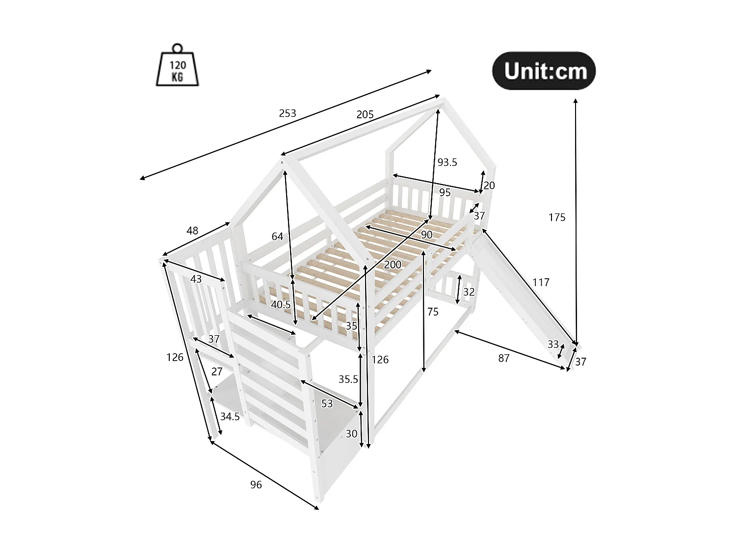 Stapelbed 90x200 cm - Kinderbed met trap en glijbaan - wit - zonder matras