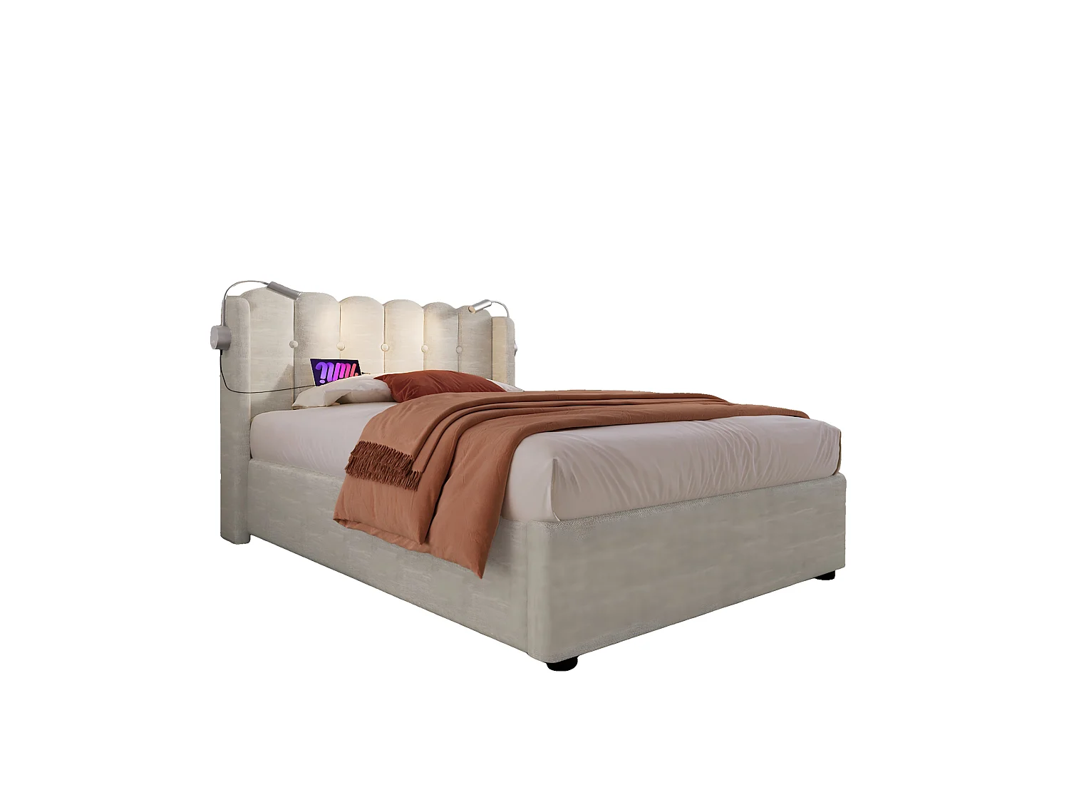 Łóżko dziecięce 90x200 cm - rama łóżka z zagłówkiem, portem USB - beżowy len - materac w cenie