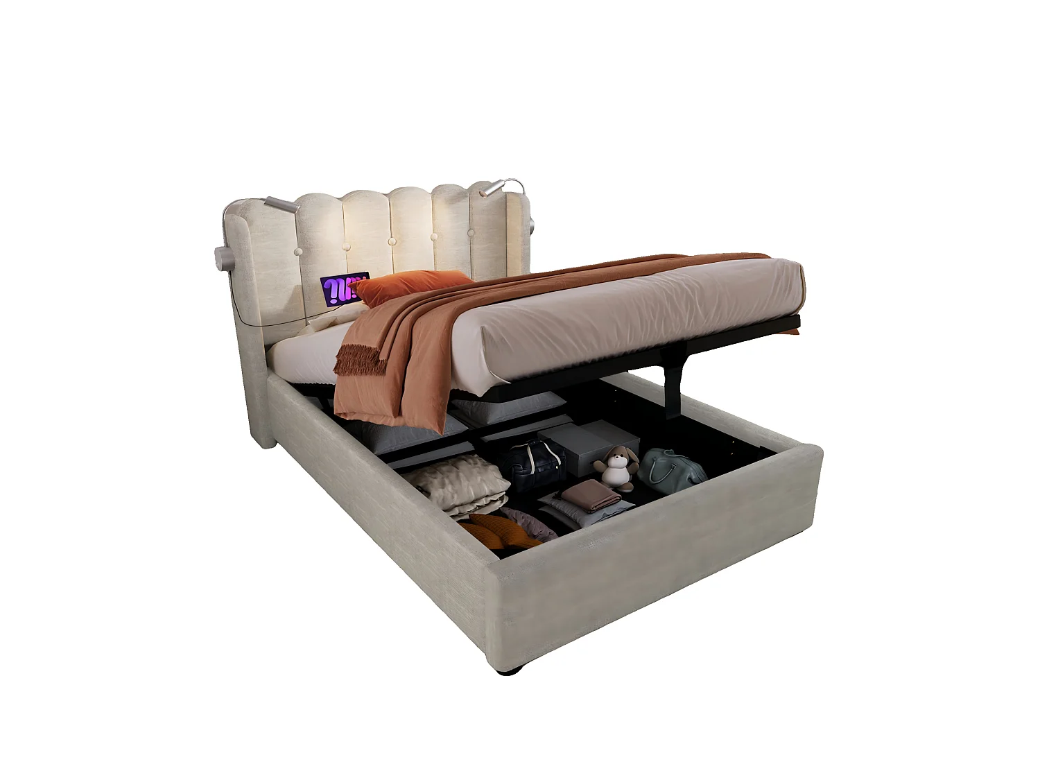 Łóżko dziecięce 90x200 cm - rama łóżka z zagłówkiem, portem USB - beżowy len - materac w cenie