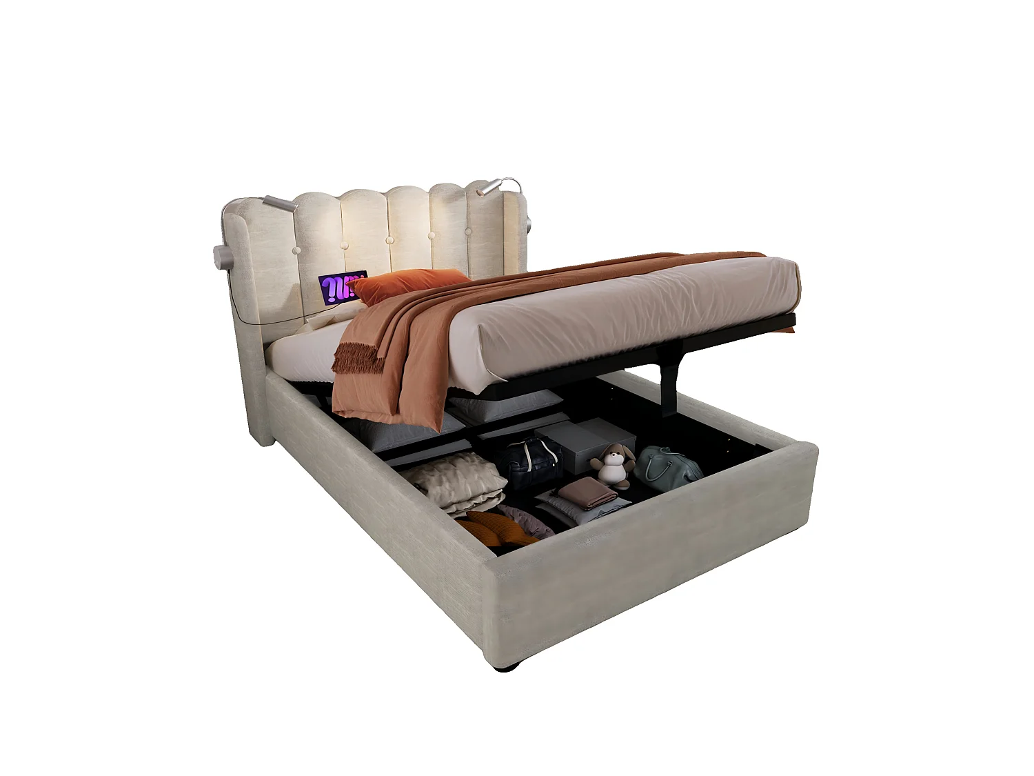 Kinderbett 90x200 cm – Bettgestell mit Kopfteil, USB-Anschluss – beiger Leinenbezug – Matratze inklusive