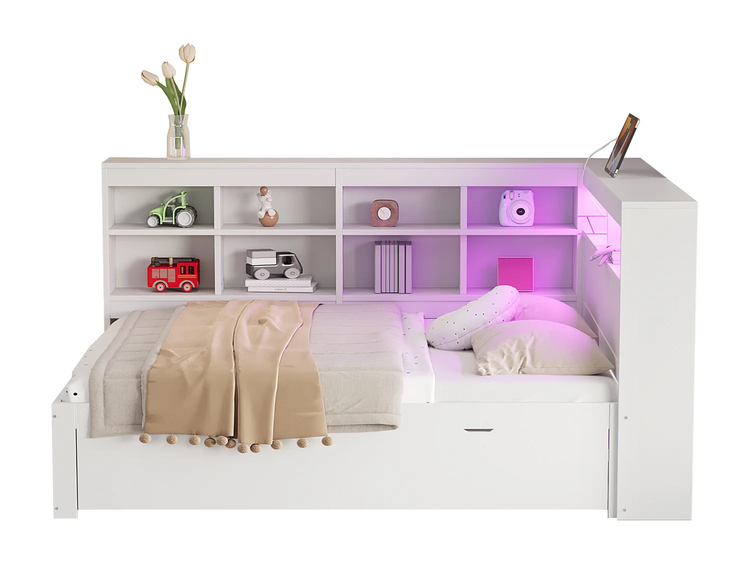 Lit adulte 140 x 200 cm - avec tête de lit avec rangement et tiroirs - blanc