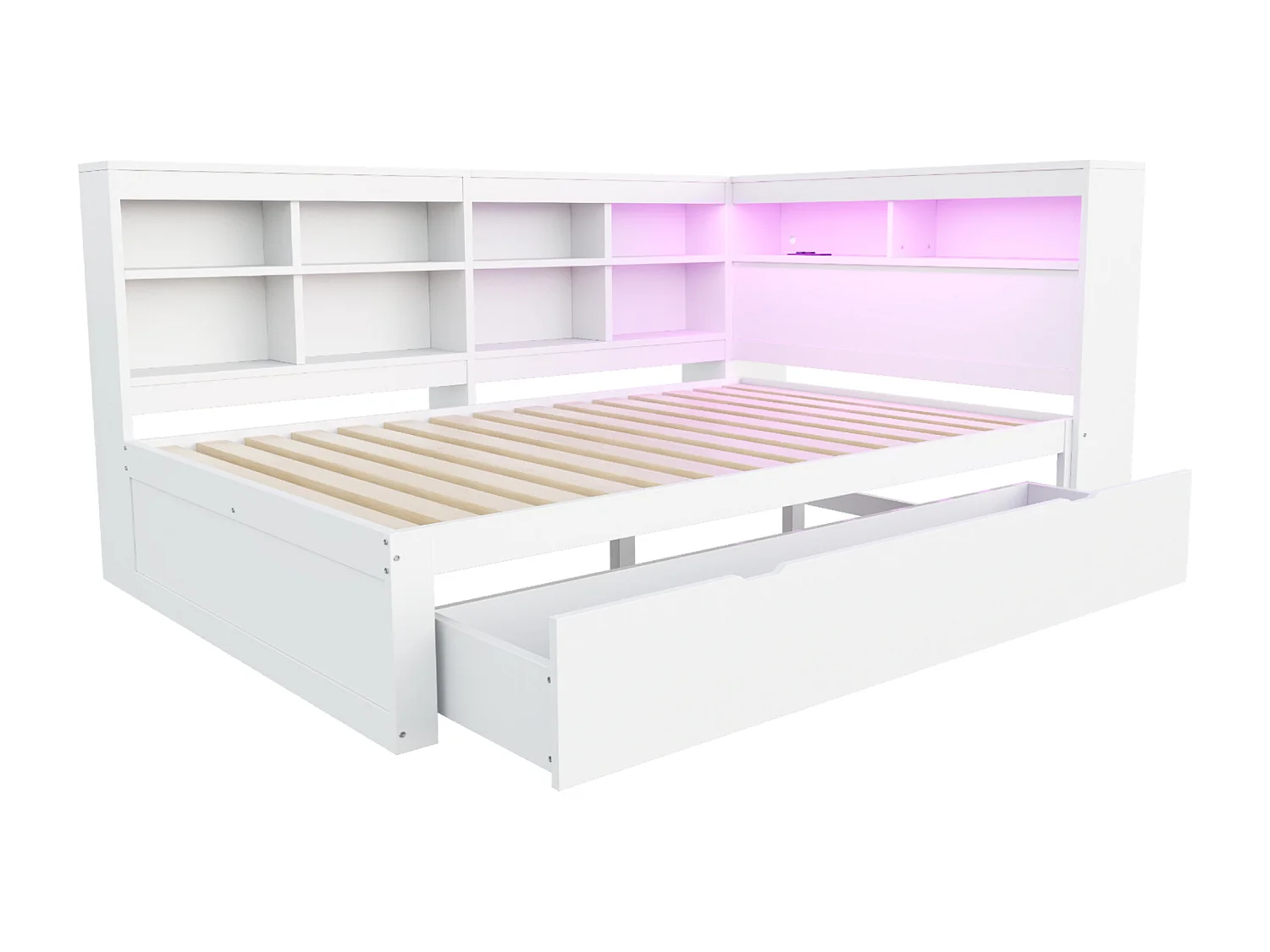 Lit adulte 140 x 200 cm - avec tête de lit avec rangement et tiroirs - blanc