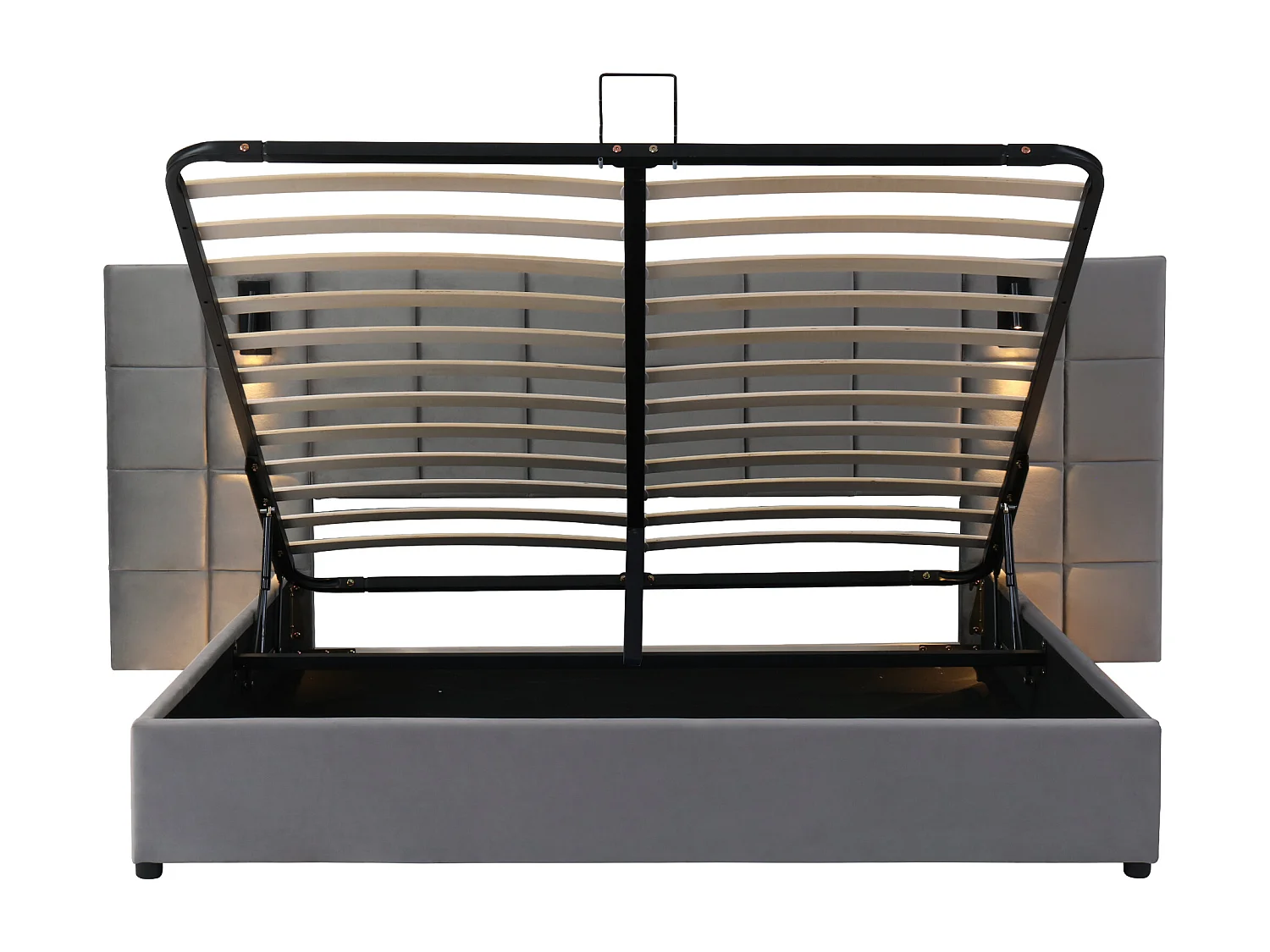 Lit coffre 180x200cm - avec tête de lit, USB, sommier à lattes - en métal - gris - sans matelas