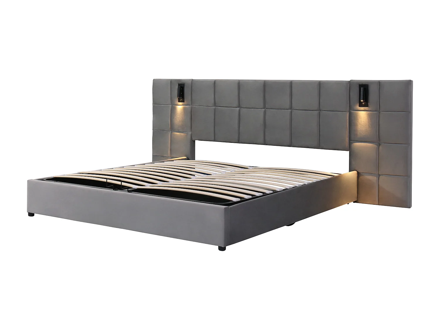 Lit coffre 180x200cm - avec tête de lit, USB, sommier à lattes - en métal - gris - sans matelas