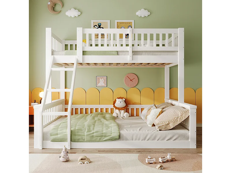 Lit superposé 90/140x200 cm - Lit enfant avec échelle et barrière, sommier à lattes - blanc - sans matelas