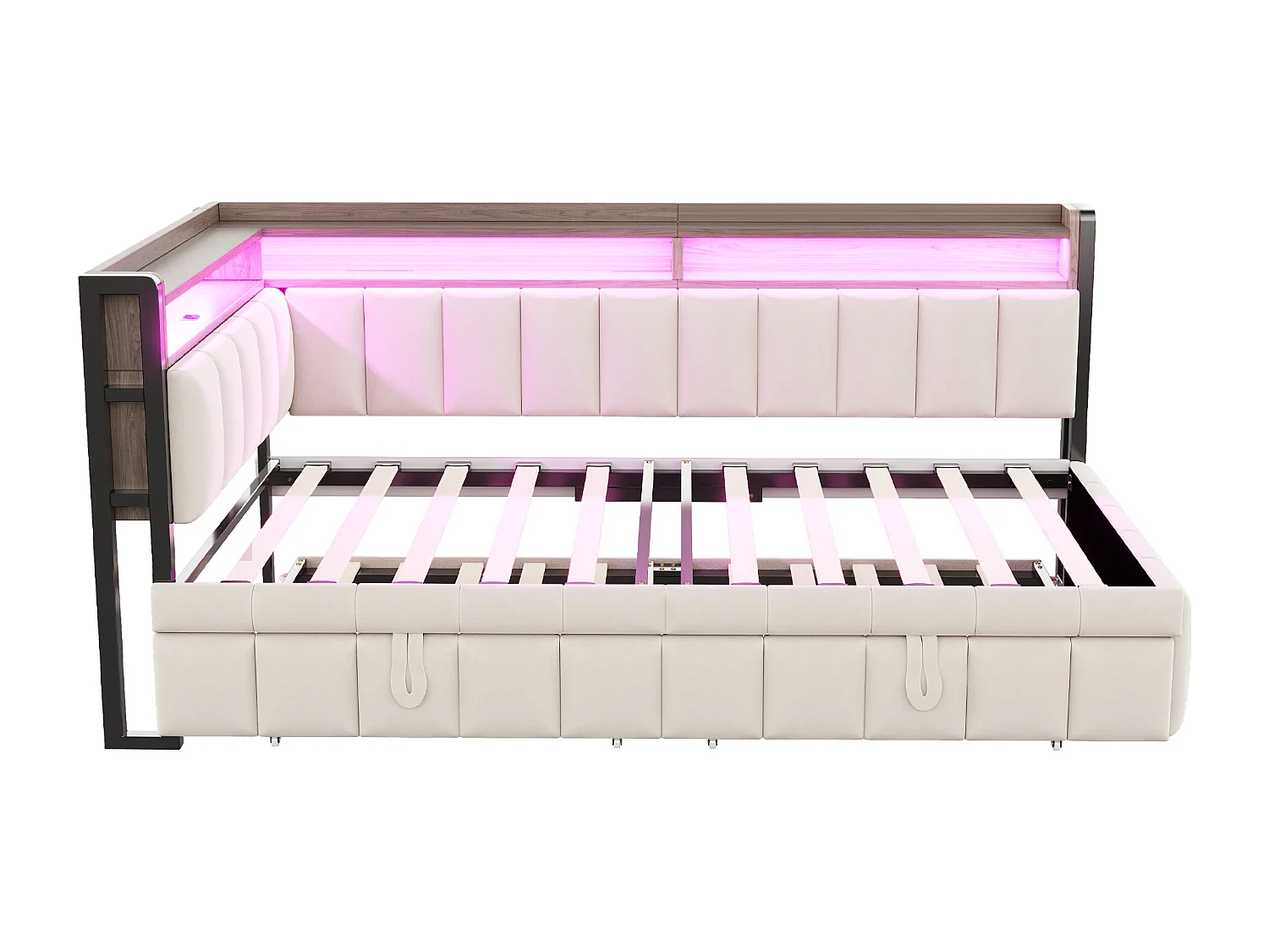 Ausziehbett 90 x 200 cm - Kinderbett mit LED-Beleuchtung und Stauraum - beiger Samt - Matratze nicht enthalten