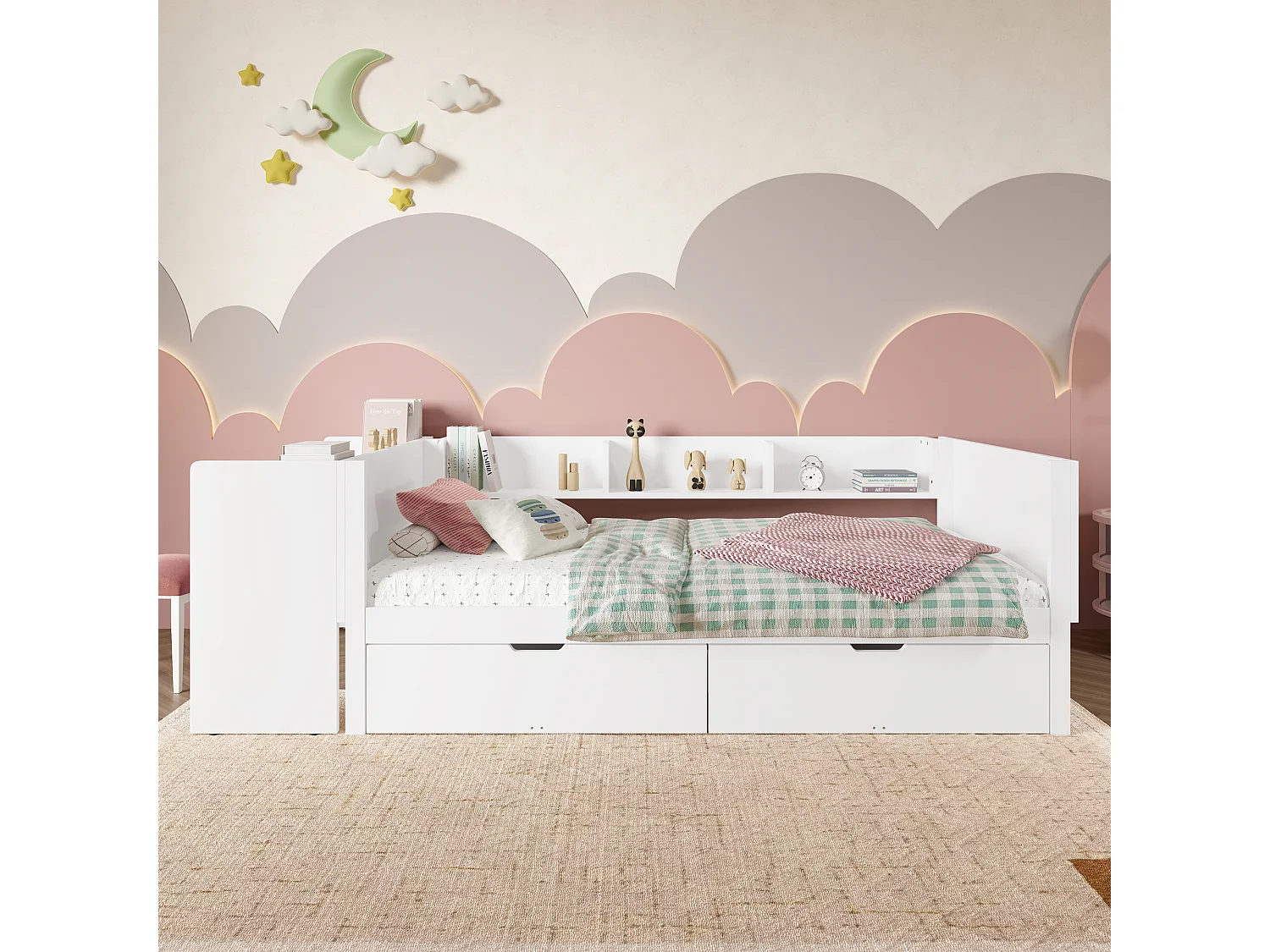 Kinderbett 90 x 200 cm – mit 2 Schubladen und Ablagen – Kiefernholz – Matratze nicht inklusive