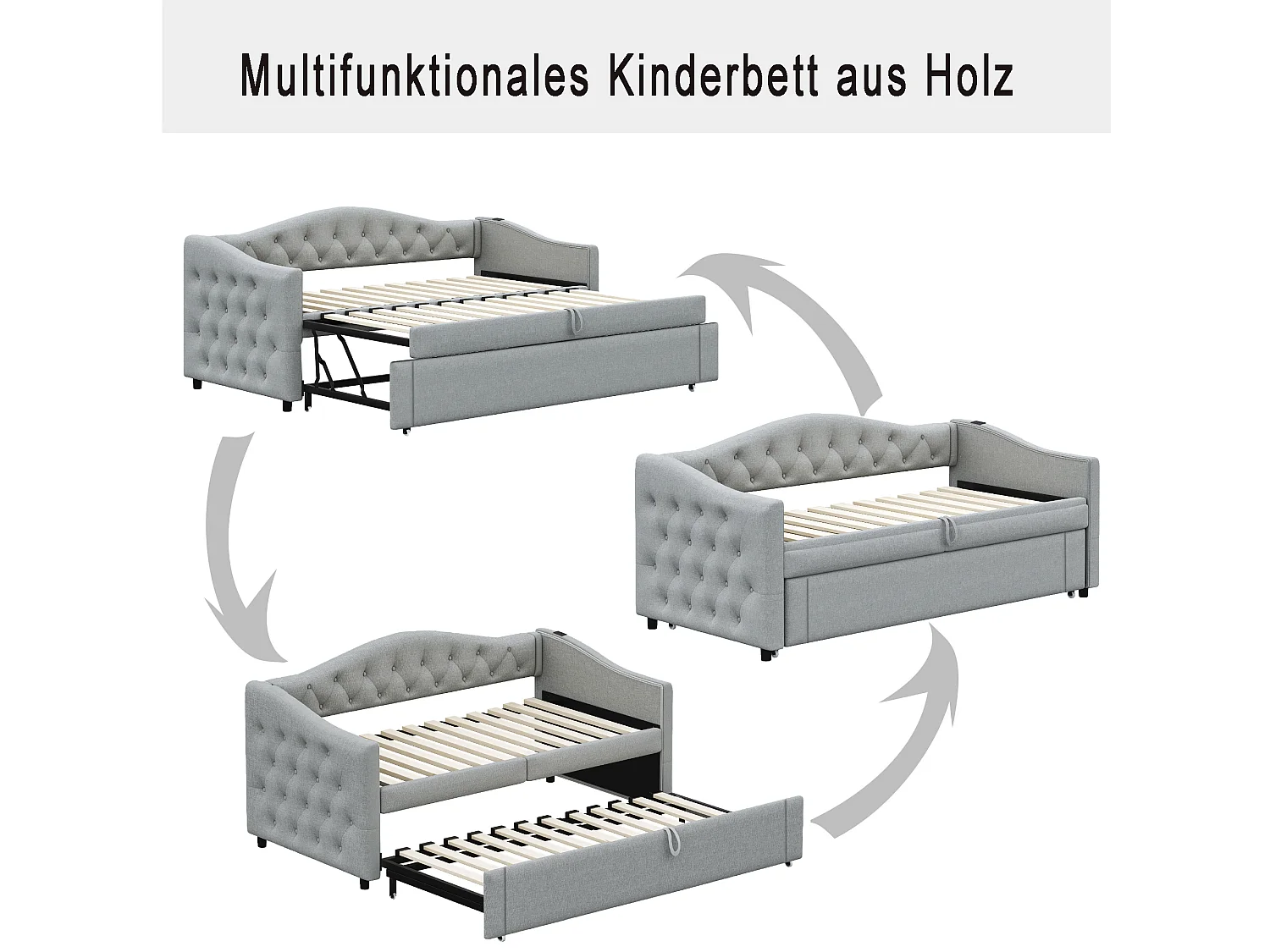 Lit enfant 90x200 - avec USB et sommier à lattes - lin gris - sans matelas