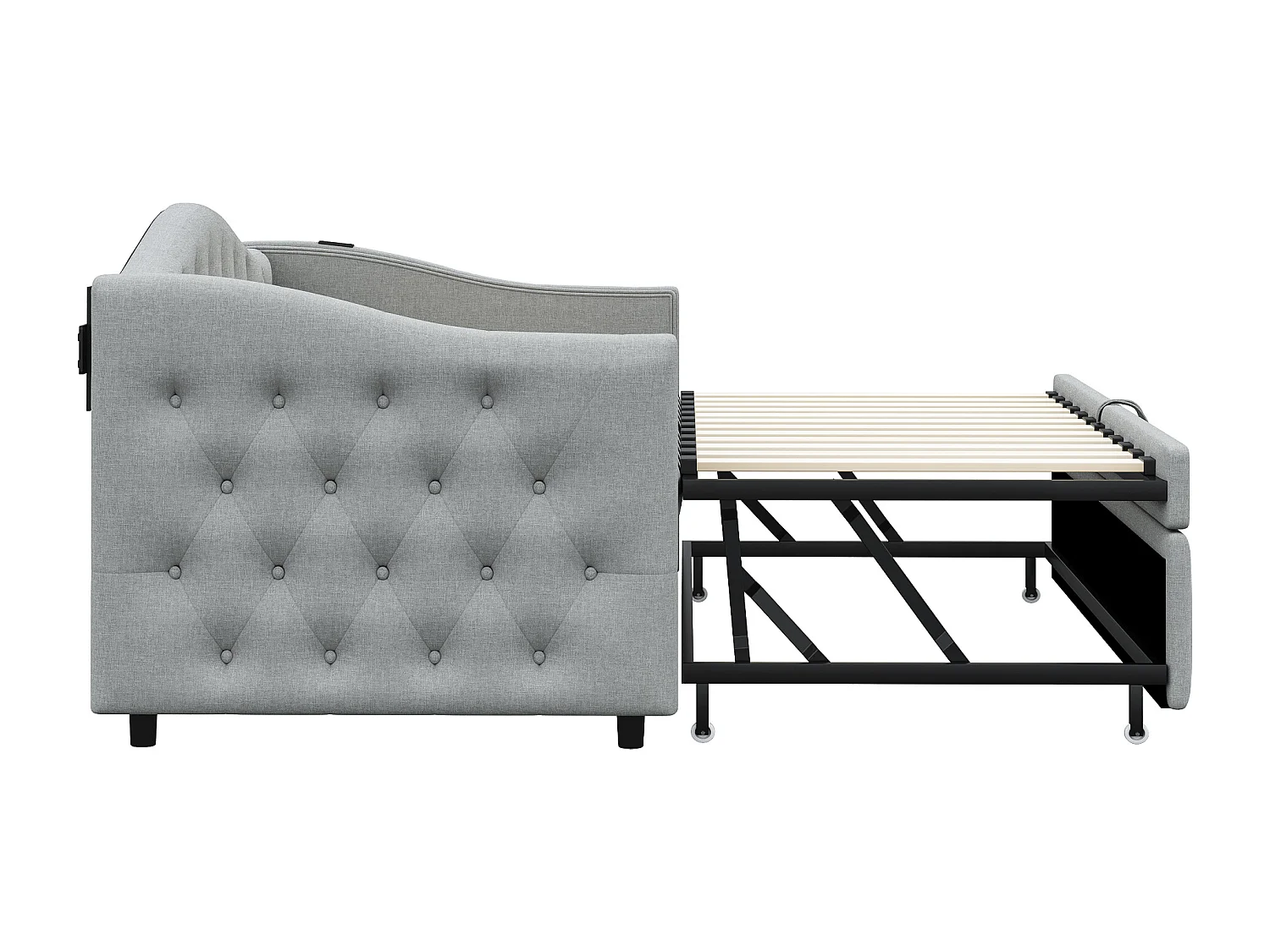 Lit enfant 90x200 - avec USB et sommier à lattes - lin gris - sans matelas