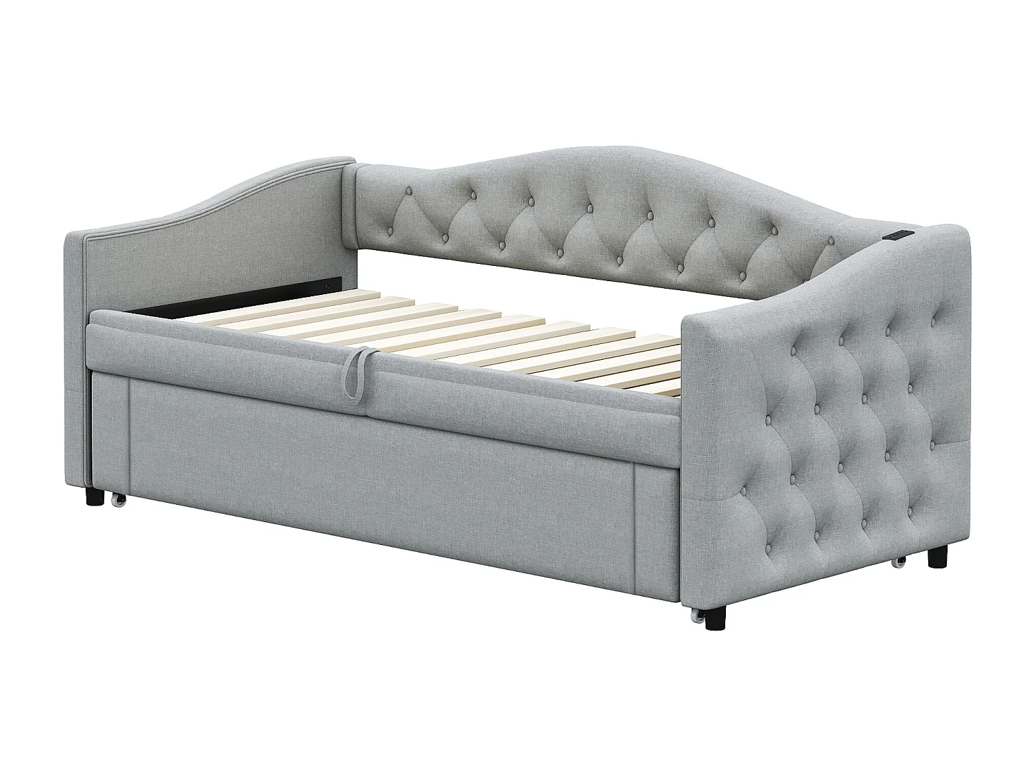 Lit enfant 90x200 - avec USB et sommier à lattes - lin gris - sans matelas