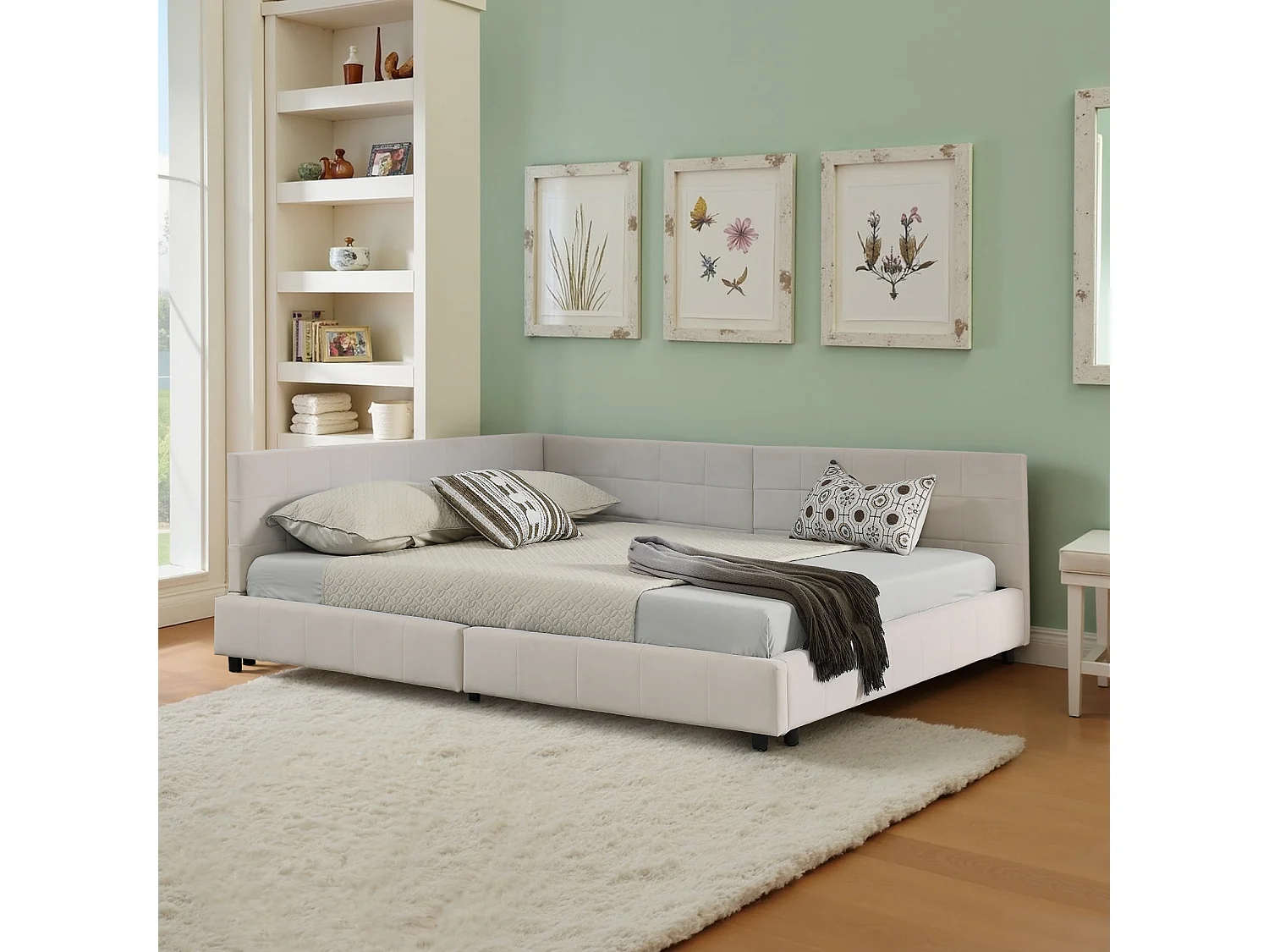 Lit banquette 140x200 cm - Lit double avec dossier et sommier à lattes - velours beige - sans matelas