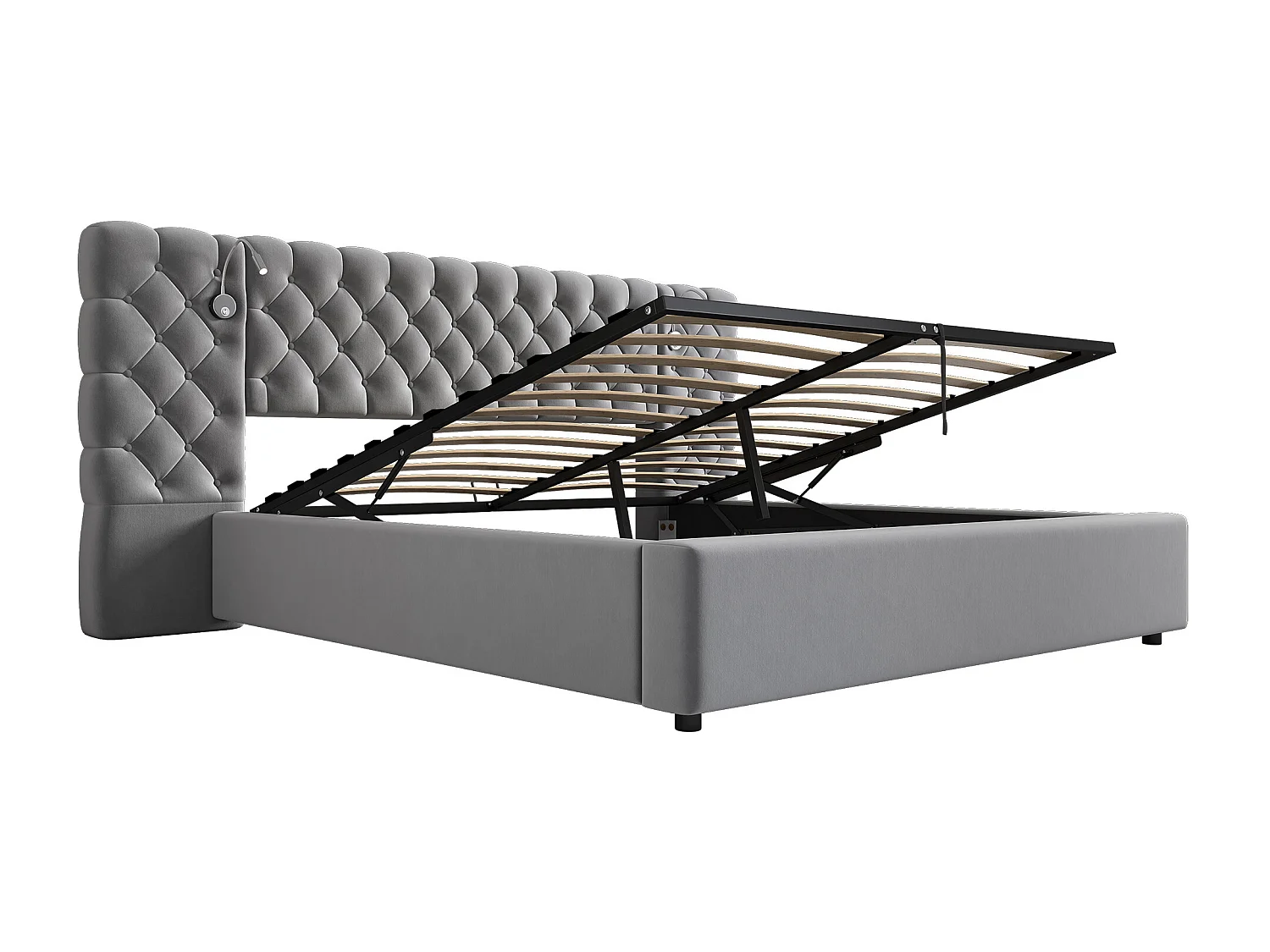 Lit coffre 160x200 cm - Lit adulte avec tête de lit large et sommier à lattes - velours gris - sans matelas