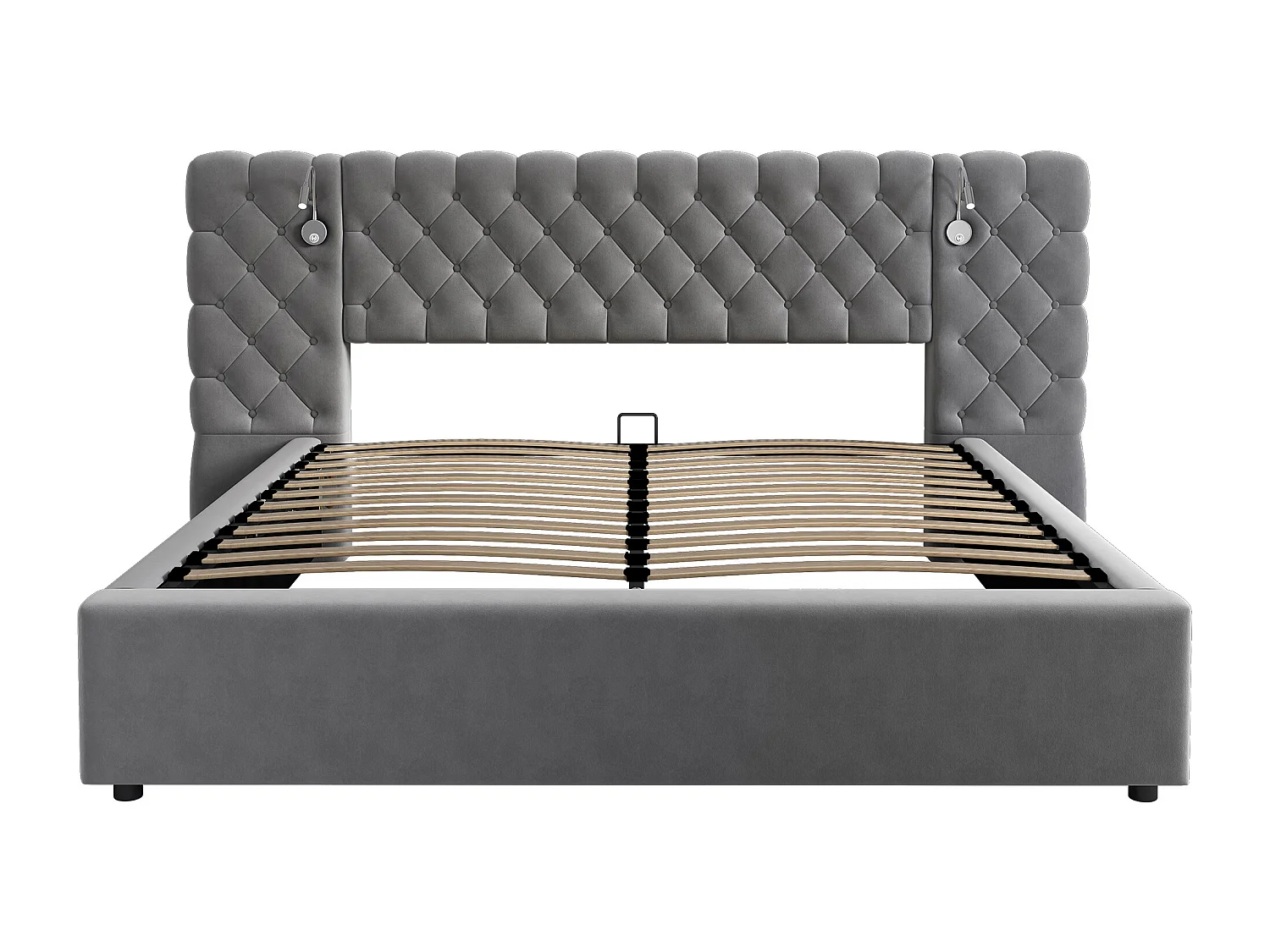 Lit coffre 160x200 cm - Lit adulte avec tête de lit large et sommier à lattes - velours gris - sans matelas