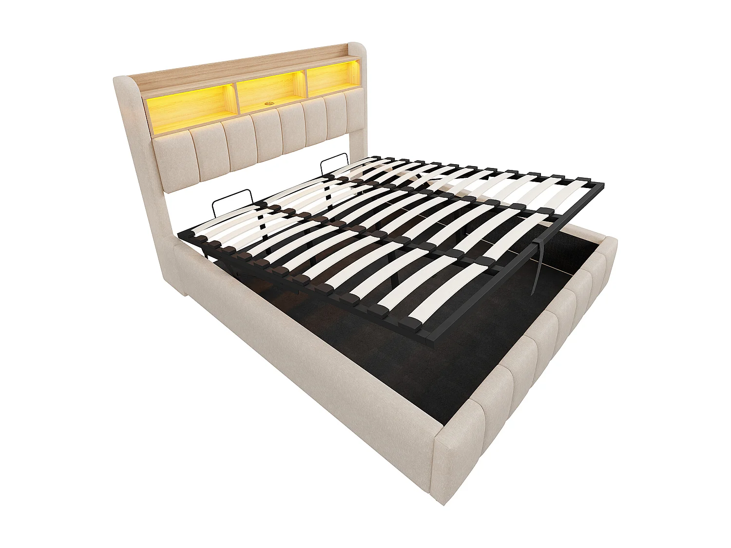 Łóżko 180 x 200 cm z pojemnikiem - łóżko dla dorosłych z oświetleniem LED, portem USB i gniazdem typu C - beżowy len - materac nie jest w zestawie.