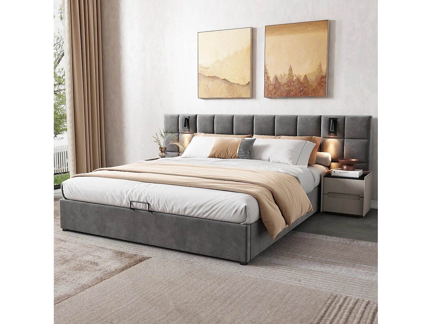Letto contenitore 160x200 cm - con testiera, porta USB, rete a doghe - velluto - grigio - materasso non incluso