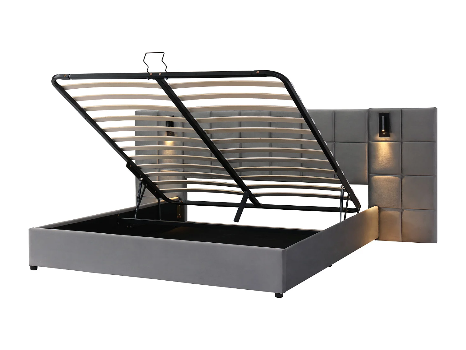 Letto contenitore 160x200 cm - con testiera, porta USB, rete a doghe - velluto - grigio - materasso non incluso