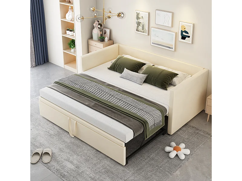Tagesbett 90/180x200 cm – Ausziehbett und Lattenrost – Samt – Beige – ohne Matratze