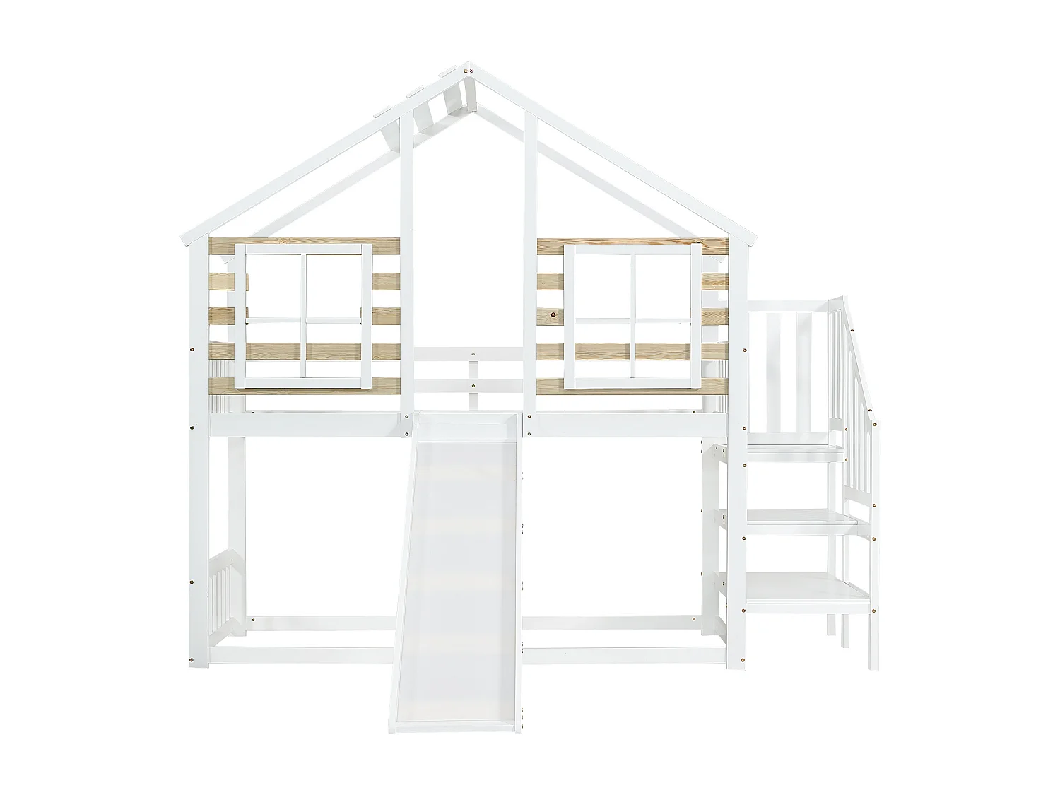 Lit superposé 90x200 cm - Lit enfant avec échelle et toboggan - blanc et naturel - sans matelas