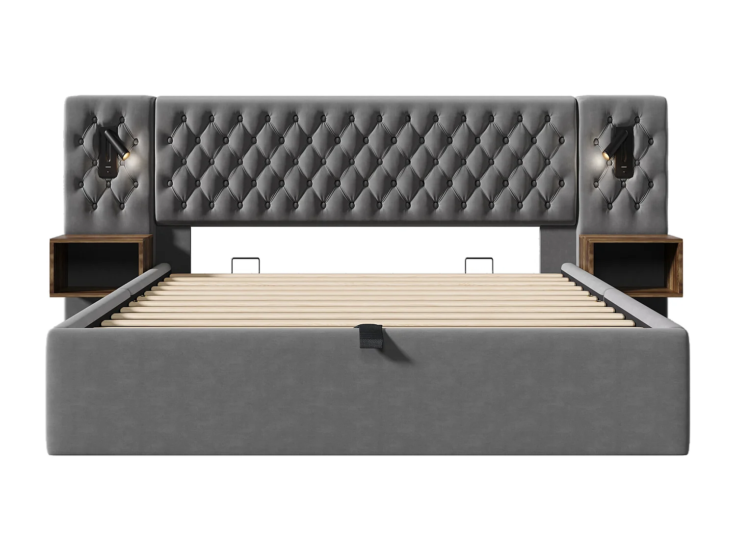 Lit coffre 180x200 cm - Lit double avec table de chevet, lampe de lecture et port USB - velours gris - sans matelas