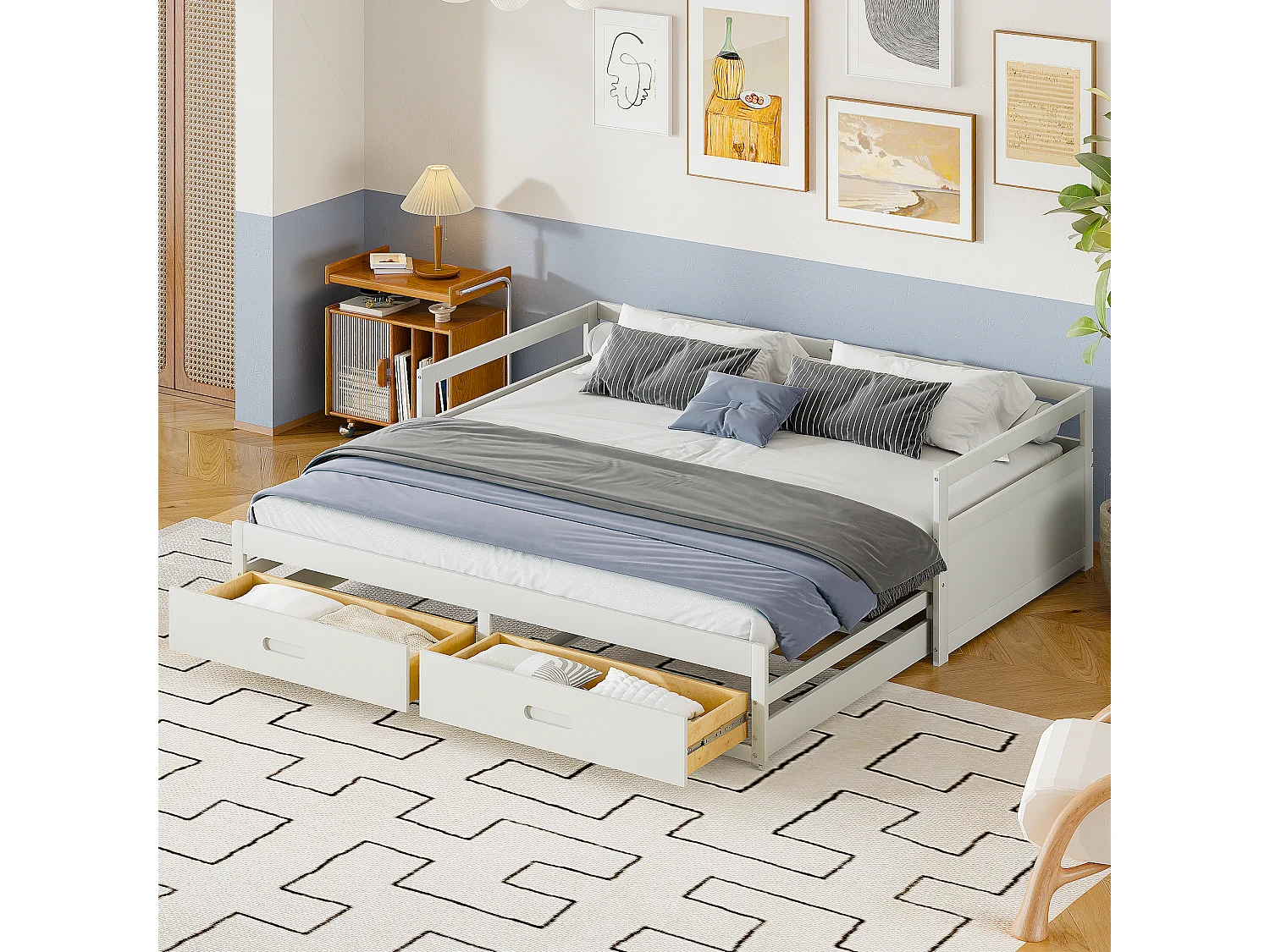 Ausziehbett 90 x 200 cm – mit 2 Schubladen – weißes Holz – Matratze nicht enthalten