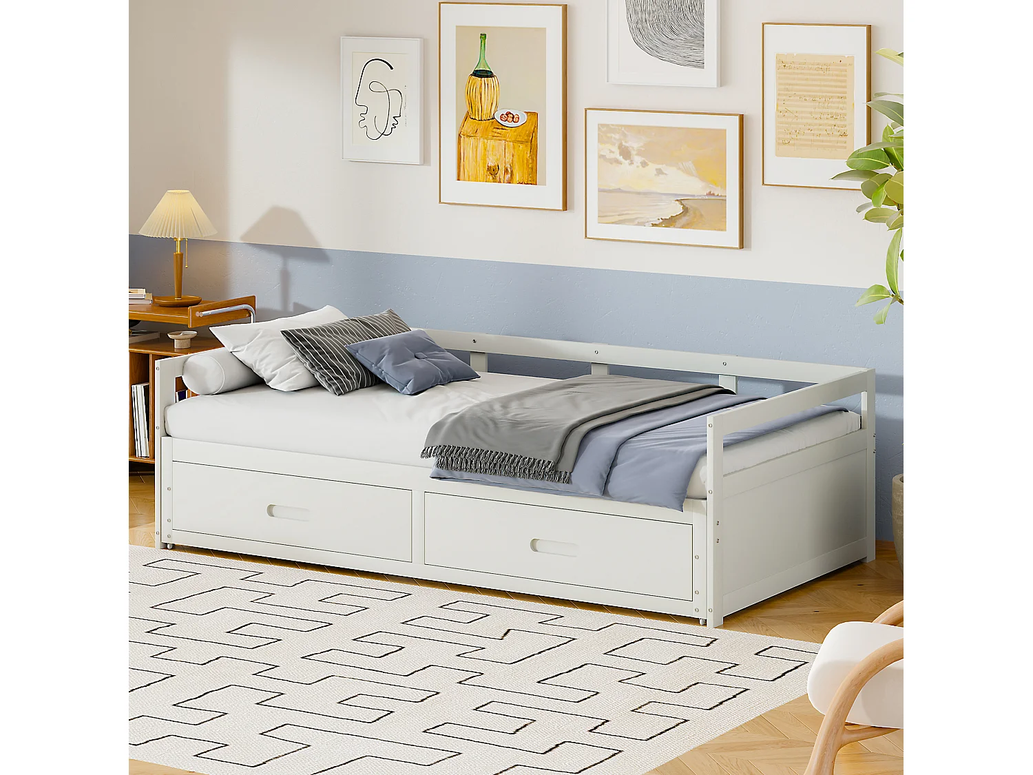 Ausziehbett 90 x 200 cm – mit 2 Schubladen – weißes Holz – Matratze nicht enthalten