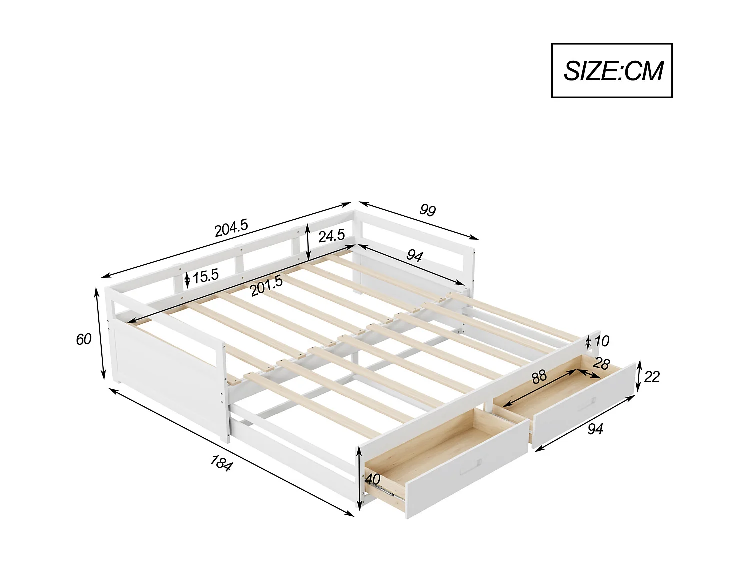 Ausziehbett 90 x 200 cm – mit 2 Schubladen – weißes Holz – Matratze nicht enthalten