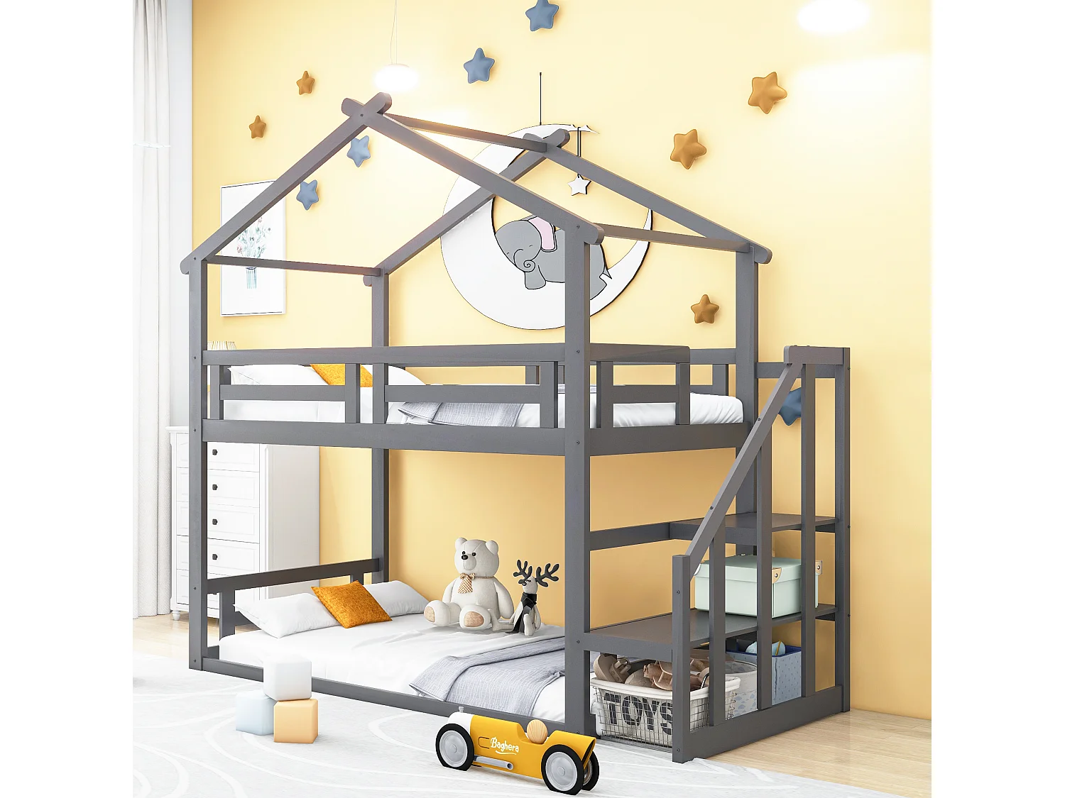 Lit superposé 90 x 200 cm - avec étagères, sommier à lattes - en pin - gris - sans matelas