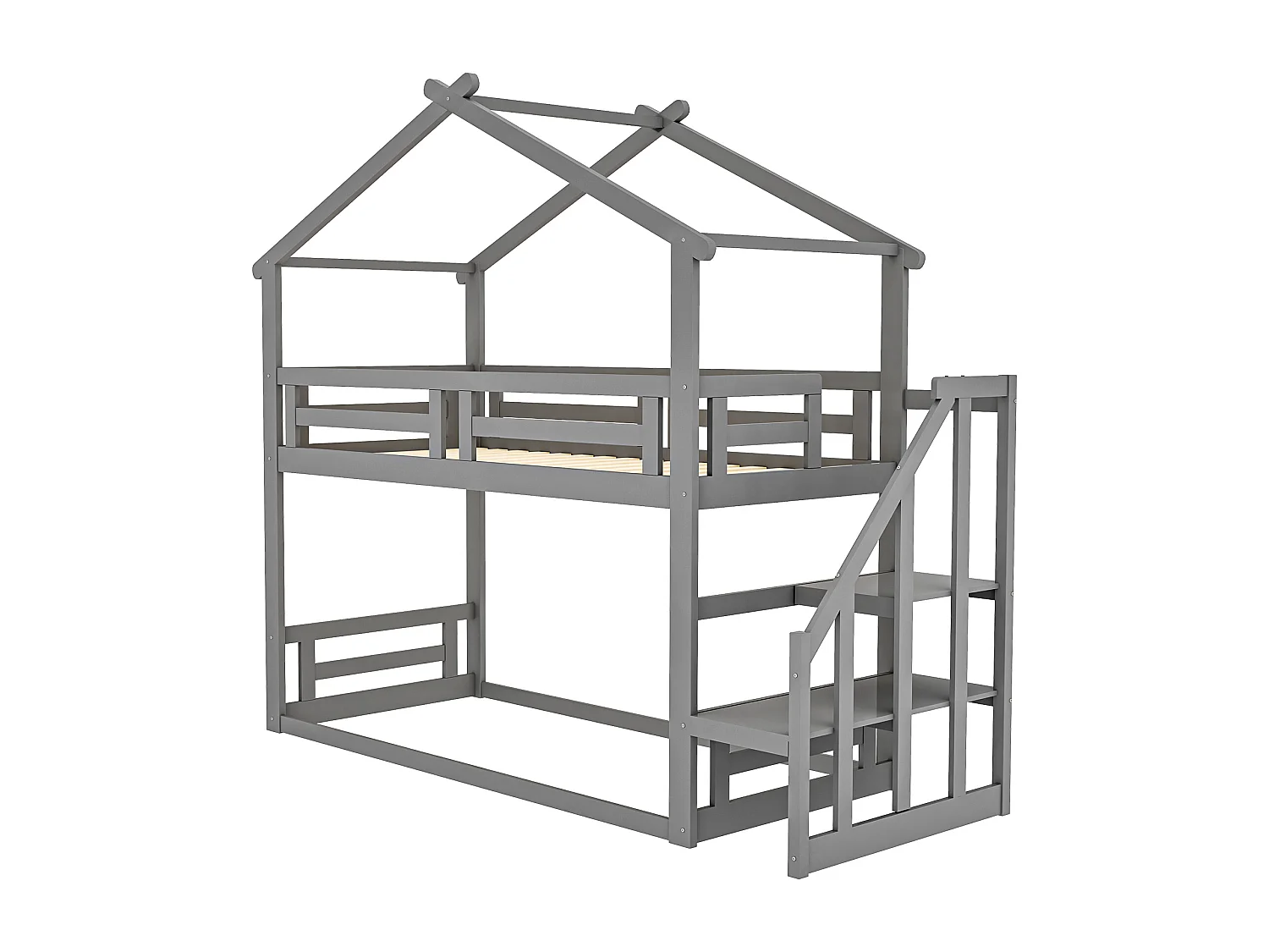 Lit superposé 90 x 200 cm - avec étagères, sommier à lattes - en pin - gris - sans matelas