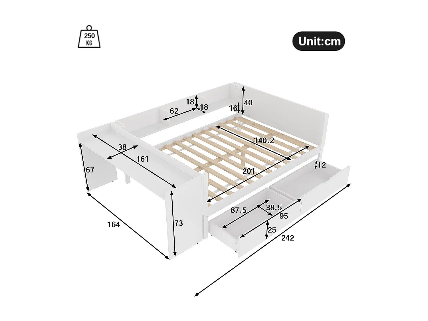 Lit adulte 140x200 cm - avec 2 tiroirs et étagères - pin blanc - sans matelas
