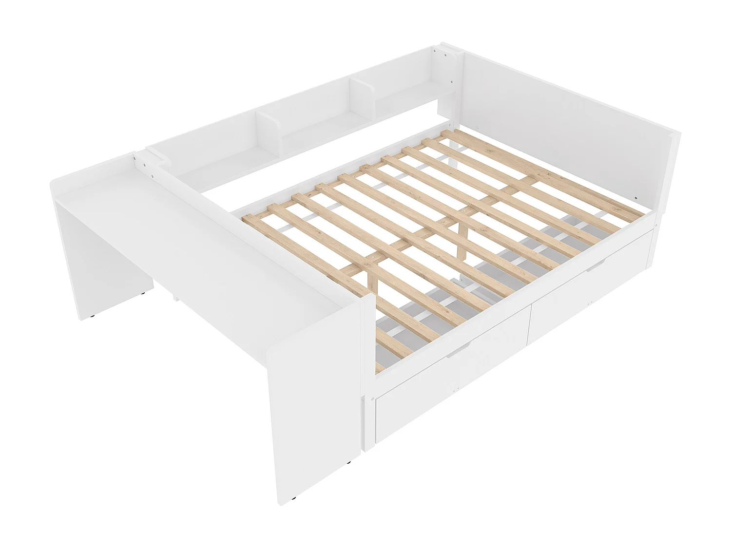 Lit adulte 140x200 cm - avec 2 tiroirs et étagères - pin blanc - sans matelas