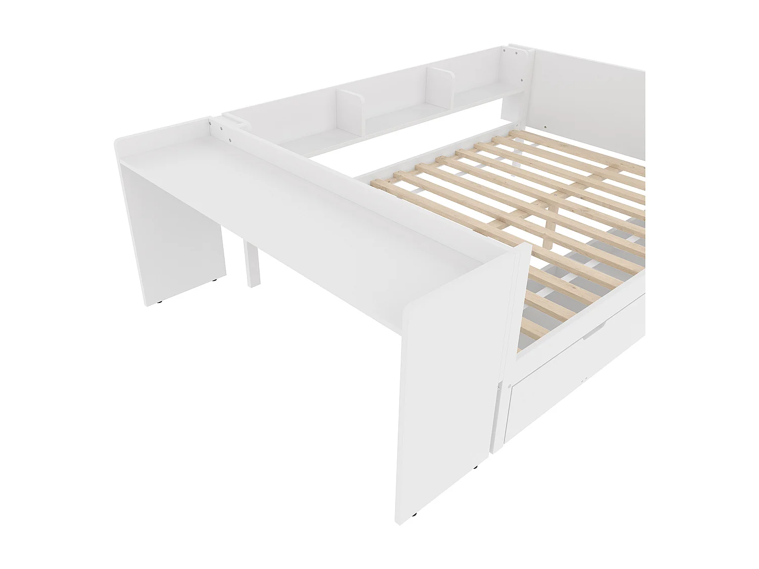 Lit adulte 140x200 cm - avec 2 tiroirs et étagères - pin blanc - sans matelas