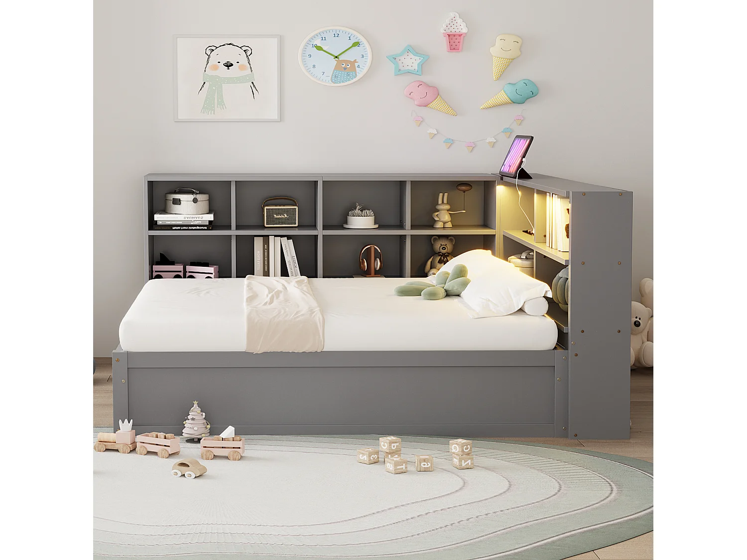 Lit coffre 90x200 cm - avec éclairage LED et rangement ouvert - gris