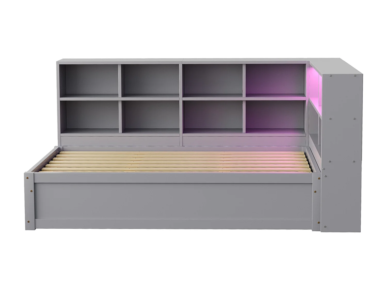 Lit coffre 90x200 cm - avec éclairage LED et rangement ouvert - gris