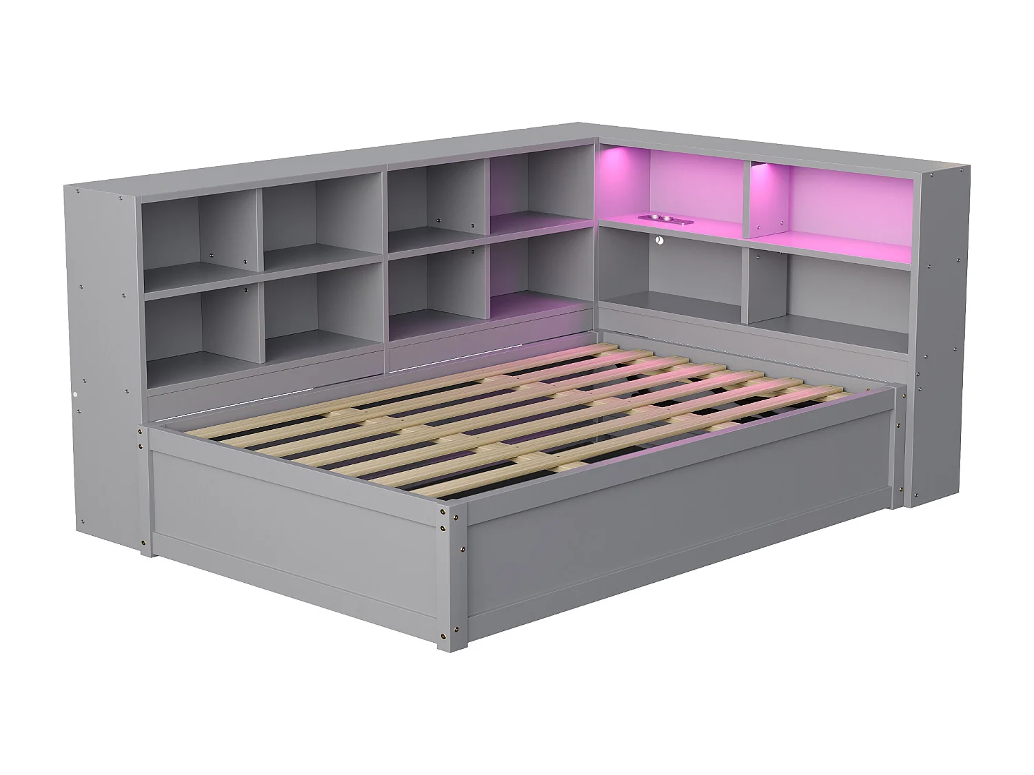 Lit coffre 90x200 cm - avec éclairage LED et rangement ouvert - gris