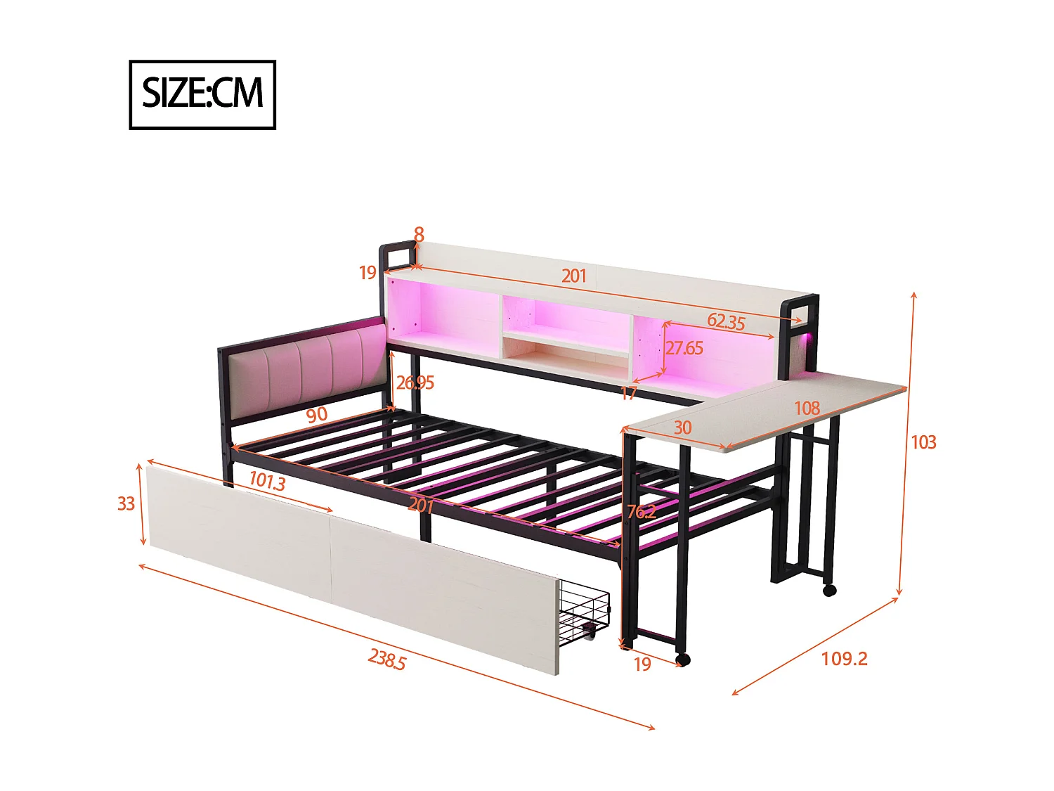 Tagesbett 90 x 200 cm – Erwachsenenbett mit LED-Beleuchtung, Ladeanschluss, 2 Schubladen und Schreibtisch – weiß – Matratze nicht enthalten
