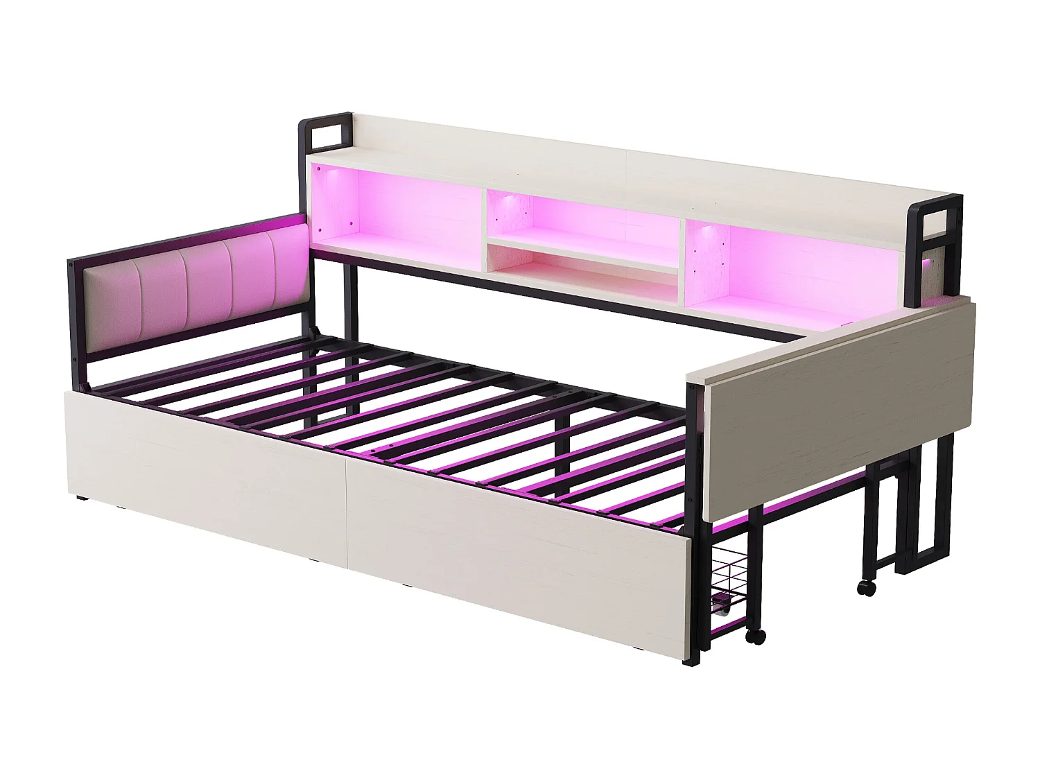Tagesbett 90 x 200 cm – Erwachsenenbett mit LED-Beleuchtung, Ladeanschluss, 2 Schubladen und Schreibtisch – weiß – Matratze nicht enthalten