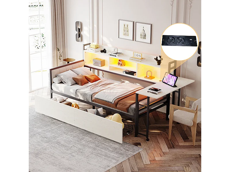 Tagesbett 90 x 200 cm – Erwachsenenbett mit LED-Beleuchtung, Ladeanschluss, 2 Schubladen und Schreibtisch – weiß – Matratze nicht enthalten