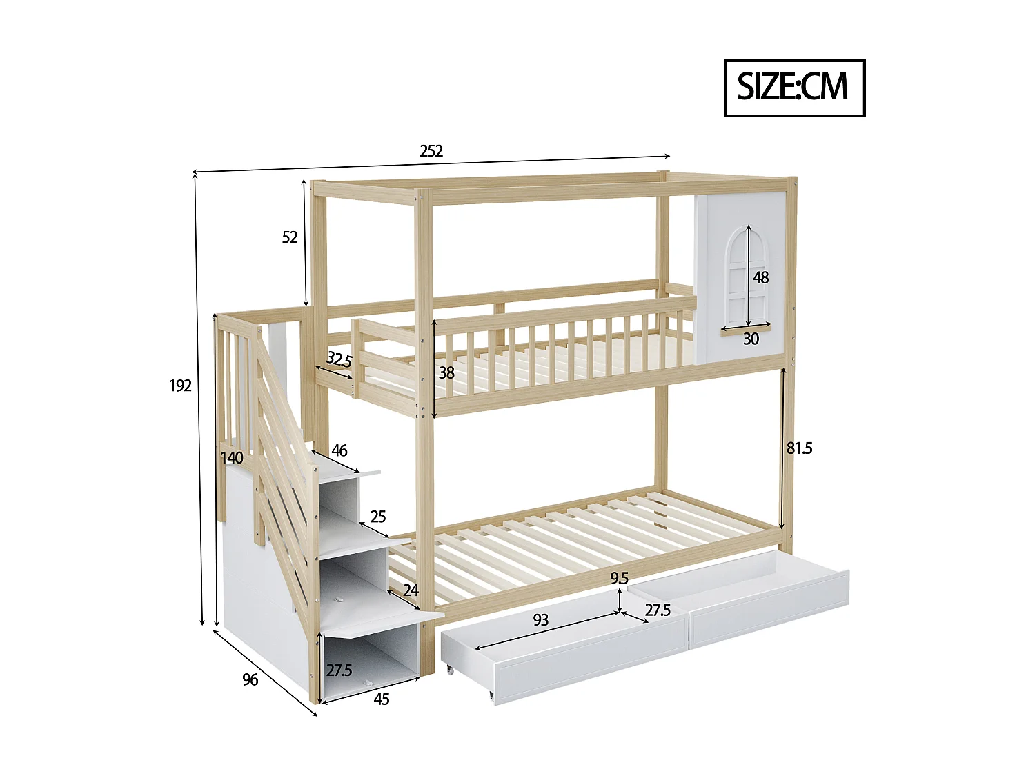 Łóżko piętrowe 90x200 cm – dziecięce Łóżko z drabinką i 2 szufladami – białe i naturalne