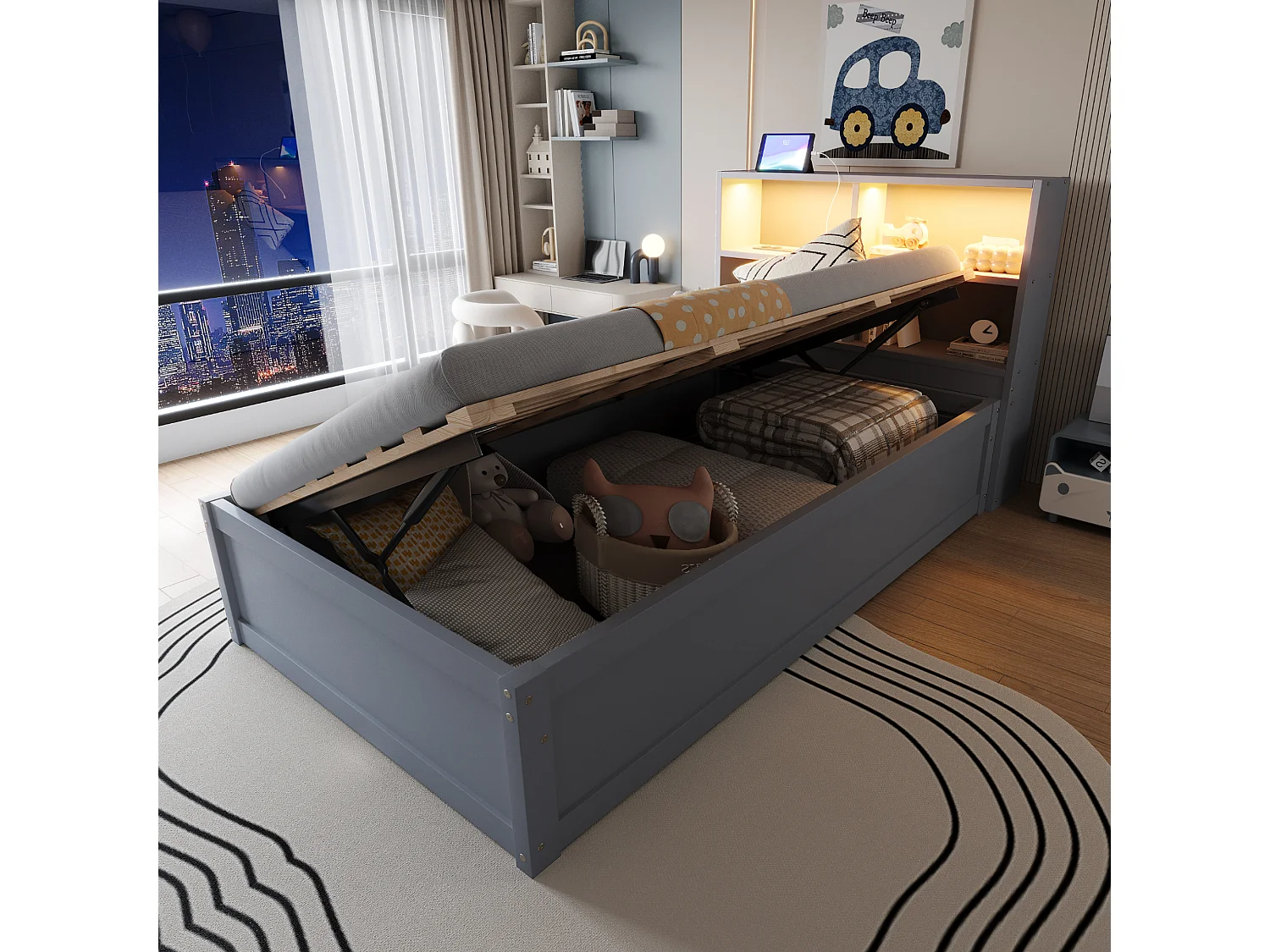 Letto contenitore 90 x 200 cm - con testiera, illuminazione a LED e sollevamento idraulico - grigio