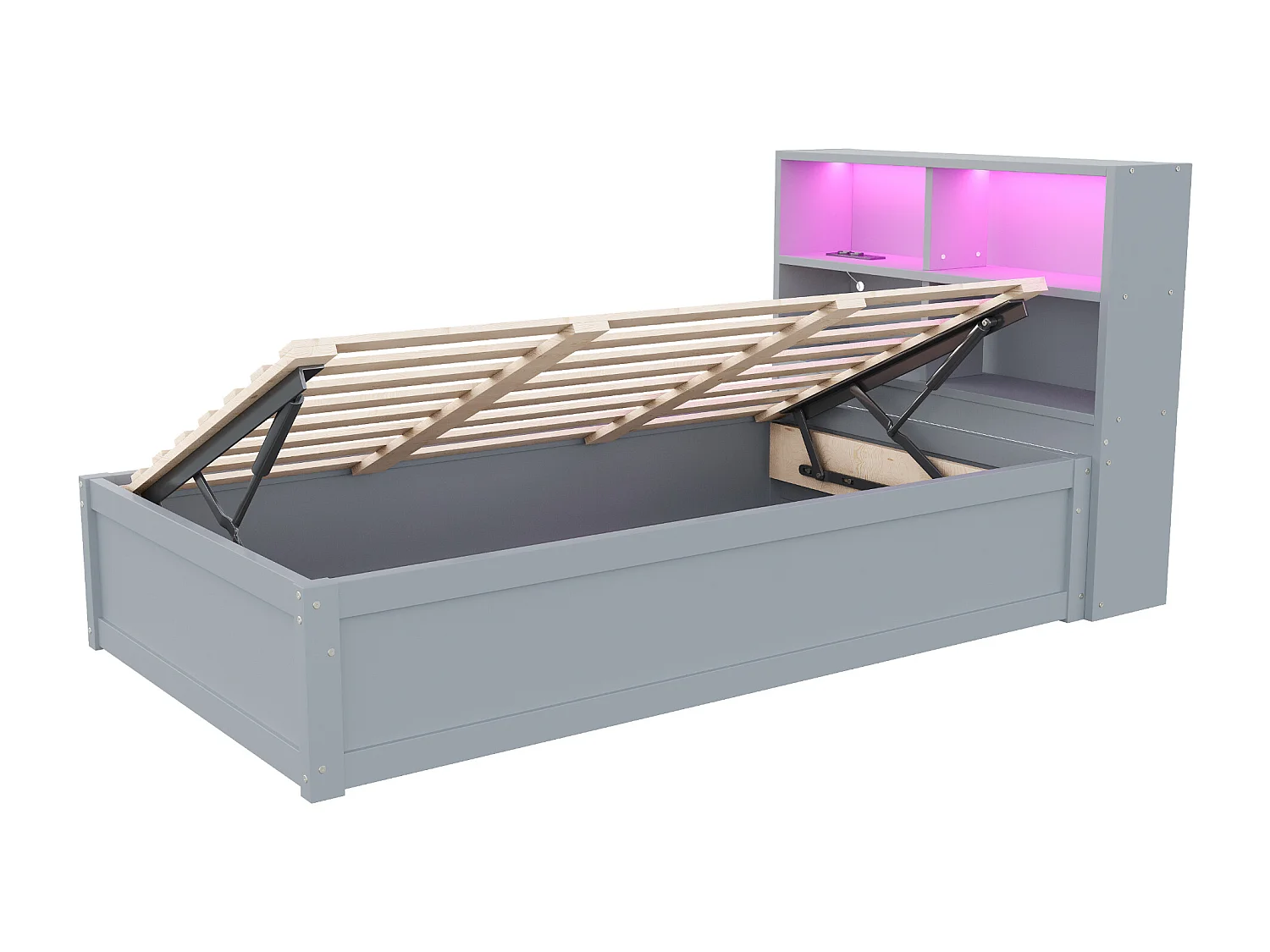 Letto contenitore 90 x 200 cm - con testiera, illuminazione a LED e sollevamento idraulico - grigio