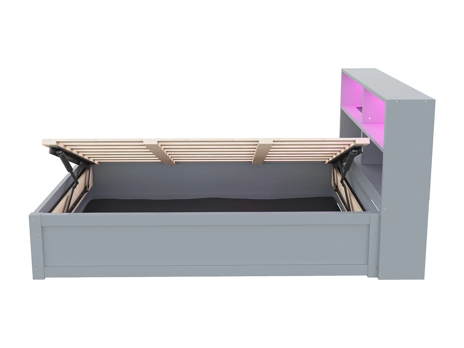 Letto contenitore 90 x 200 cm - con testiera, illuminazione a LED e sollevamento idraulico - grigio