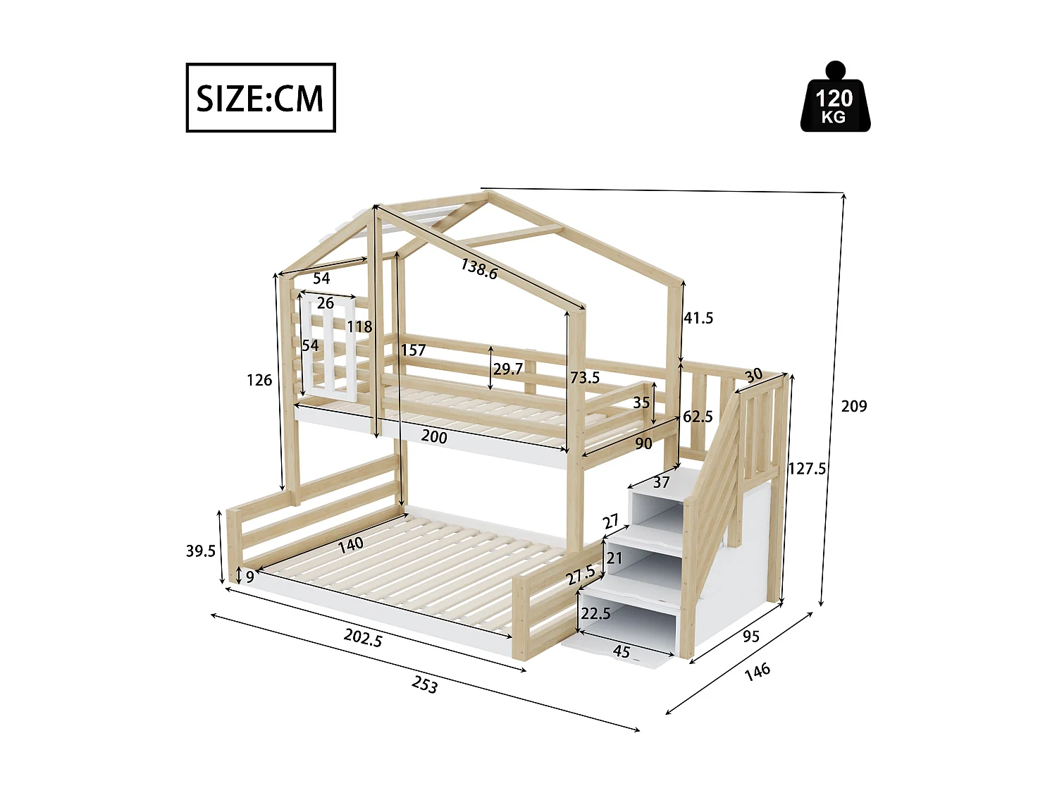 Lit superposé 90x200/140x200 - garde-corps et marchepieds de rangement - pin naturel - sans matelas