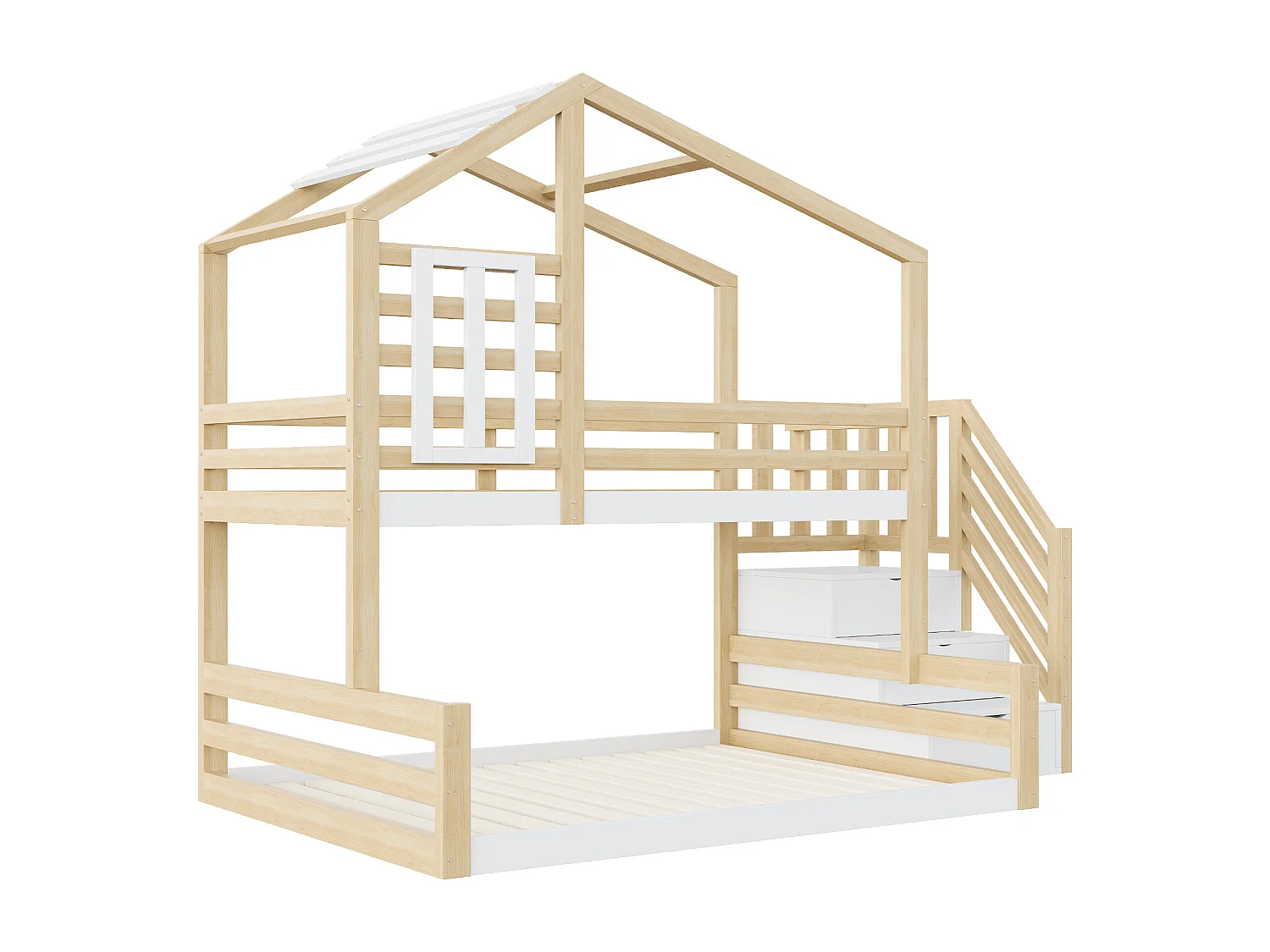 Lit superposé 90x200/140x200 - garde-corps et marchepieds de rangement - pin naturel - sans matelas