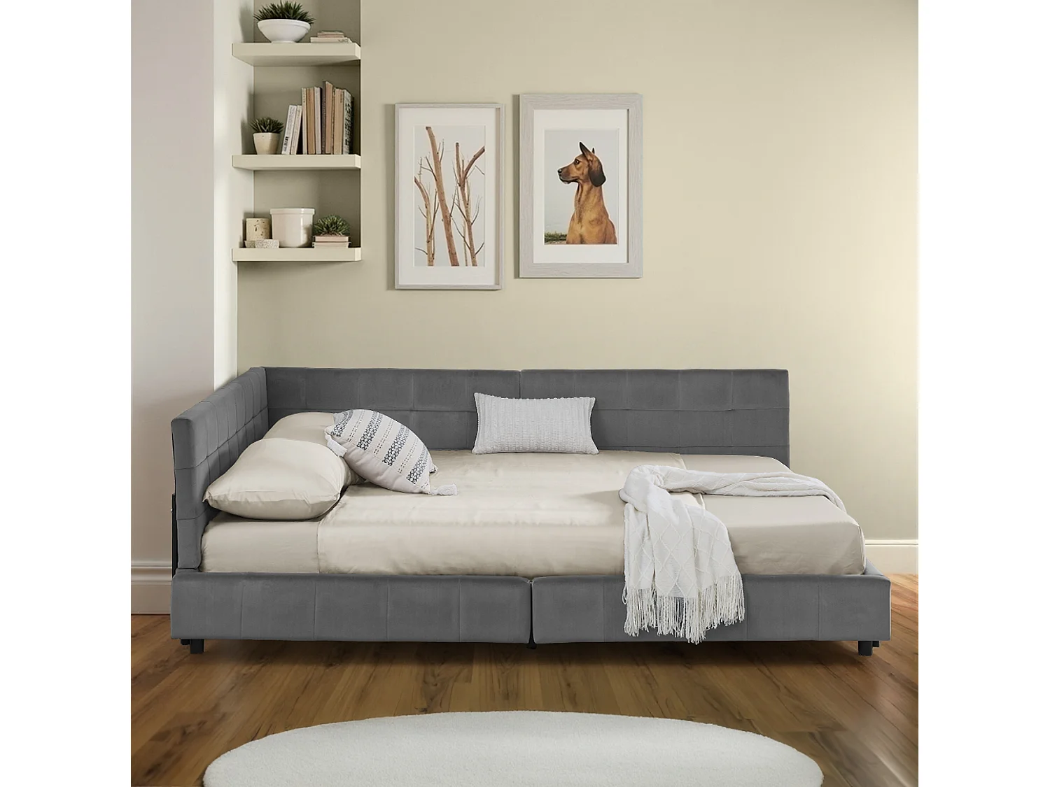 Lit banquette 140x200 cm - Llit double avec dossier et sommier à lattes - velours gris - sans matelas