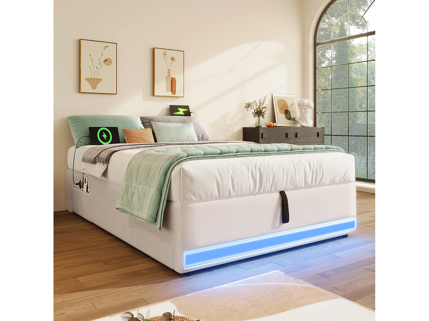 Bett mit Stauraum 90x200 cm – Kinderbett mit LED- und USB-Beleuchtung – beigefarbenes Leinen – ohne Matratze