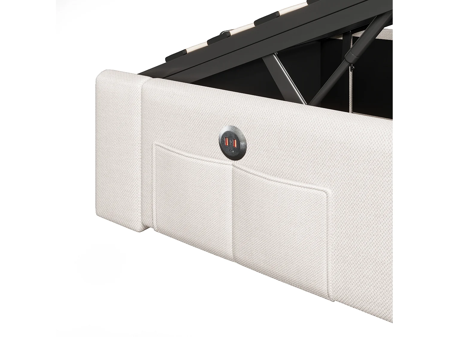 Bett mit Stauraum 90x200 cm – Kinderbett mit LED- und USB-Beleuchtung – beigefarbenes Leinen – ohne Matratze