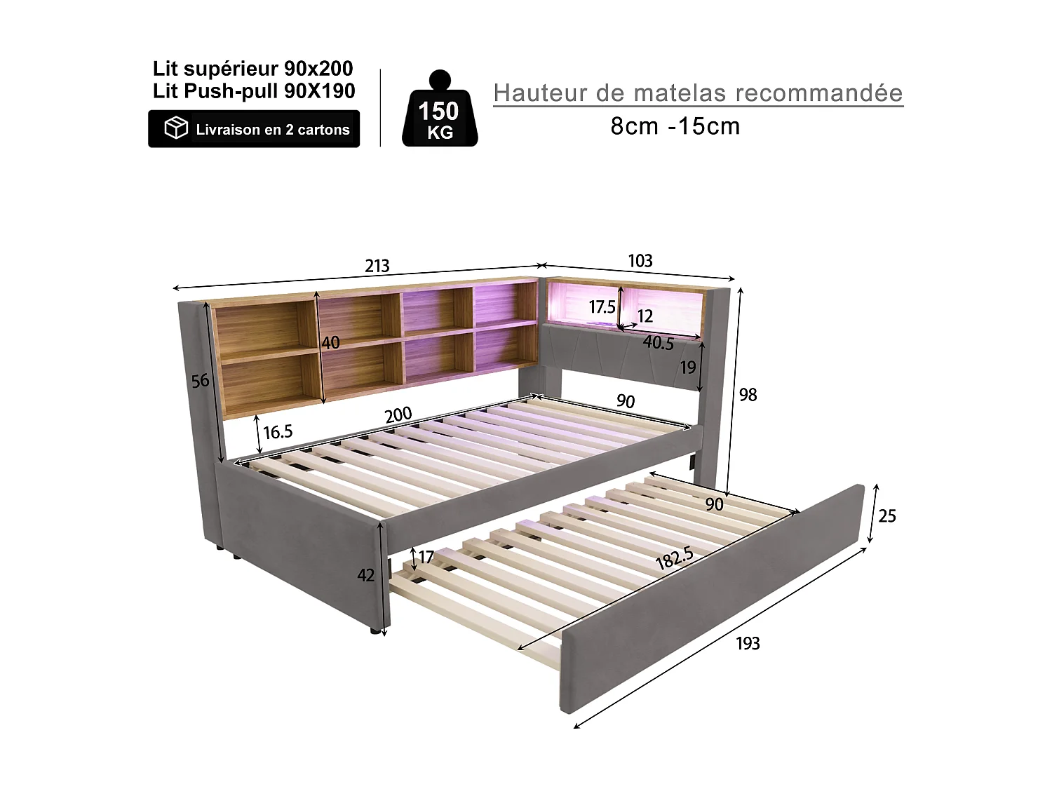 Lit gigogne 90 x 200 cm - Lit banquette avec lumières LED et nombreux rangements - flanelle gris foncé