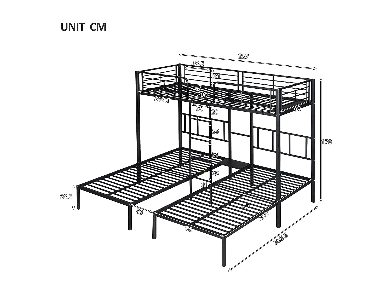 Lit superposé 90x200cm*3 - en métal - noir - sans matelas