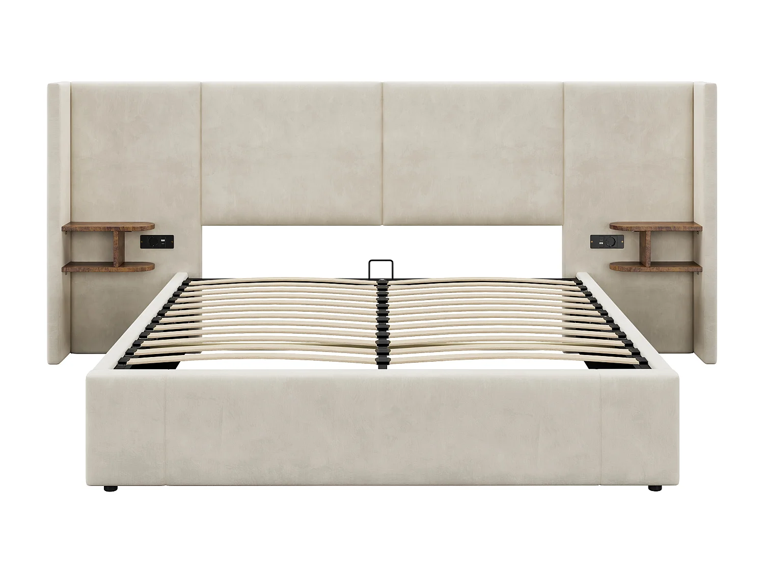 Letto contenitore 160x200 cm - con porte USB-A e USB-C, rete a doghe - in velluto - beige - materasso non incluso