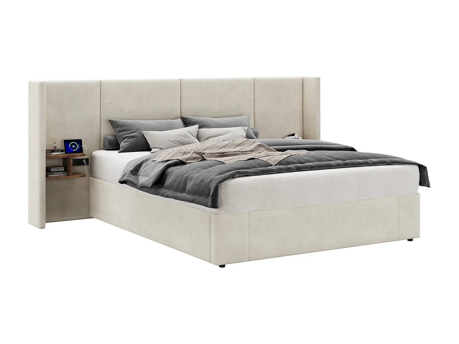 Letto contenitore 160x200 cm - con porte USB-A e USB-C, rete a doghe - in velluto - beige - materasso non incluso